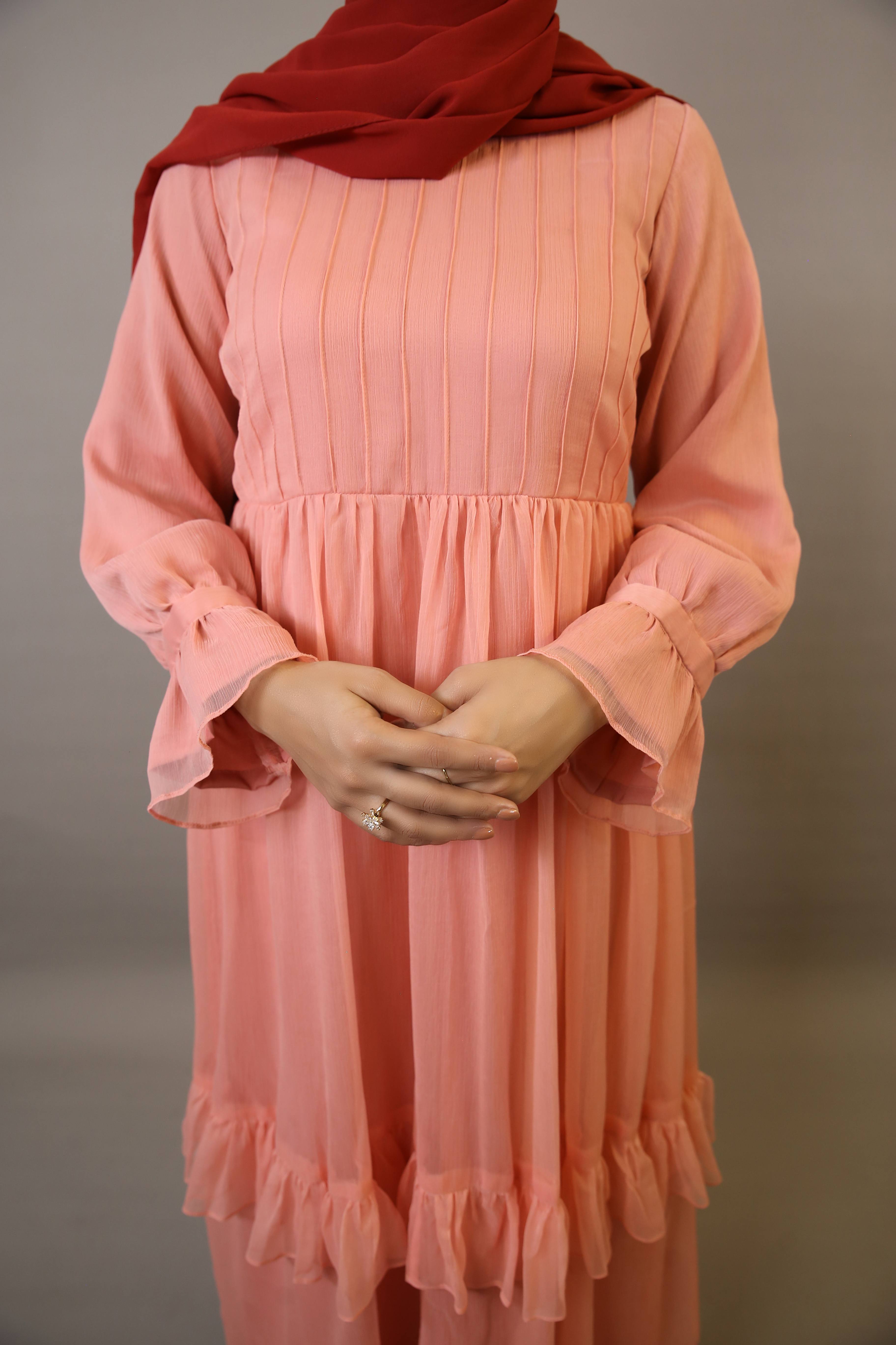 Peonya- Charming Chiffon lined maxi dress with pintucks front and ruffled hem- Blush Pink