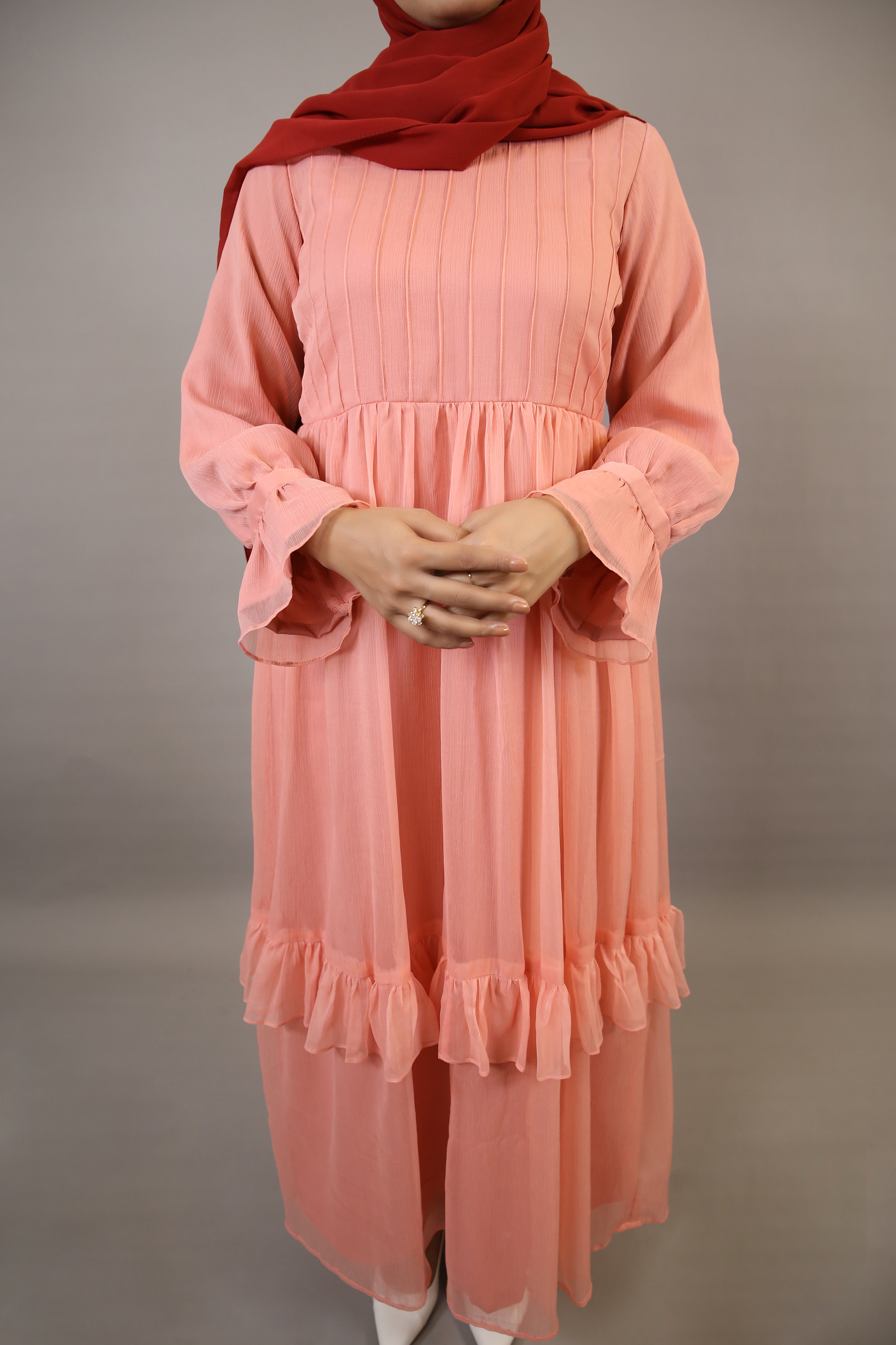 Peonya- Charming Chiffon lined maxi dress with pintucks front and ruffled hem- Blush Pink