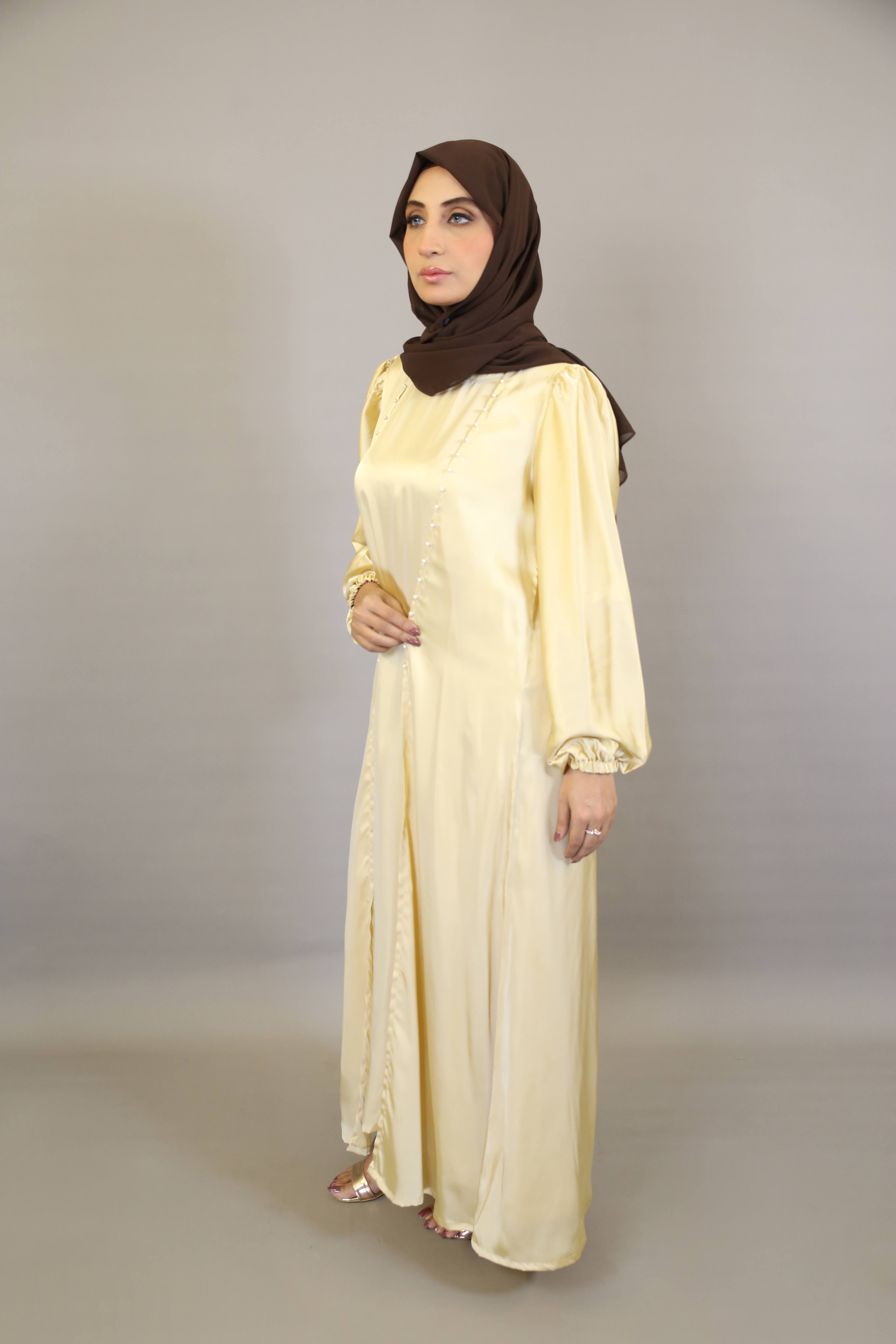 Asfar- Enchanting Satin throw over abaya with faux pearl detailing with identical inner slip dress- Pale Yellow