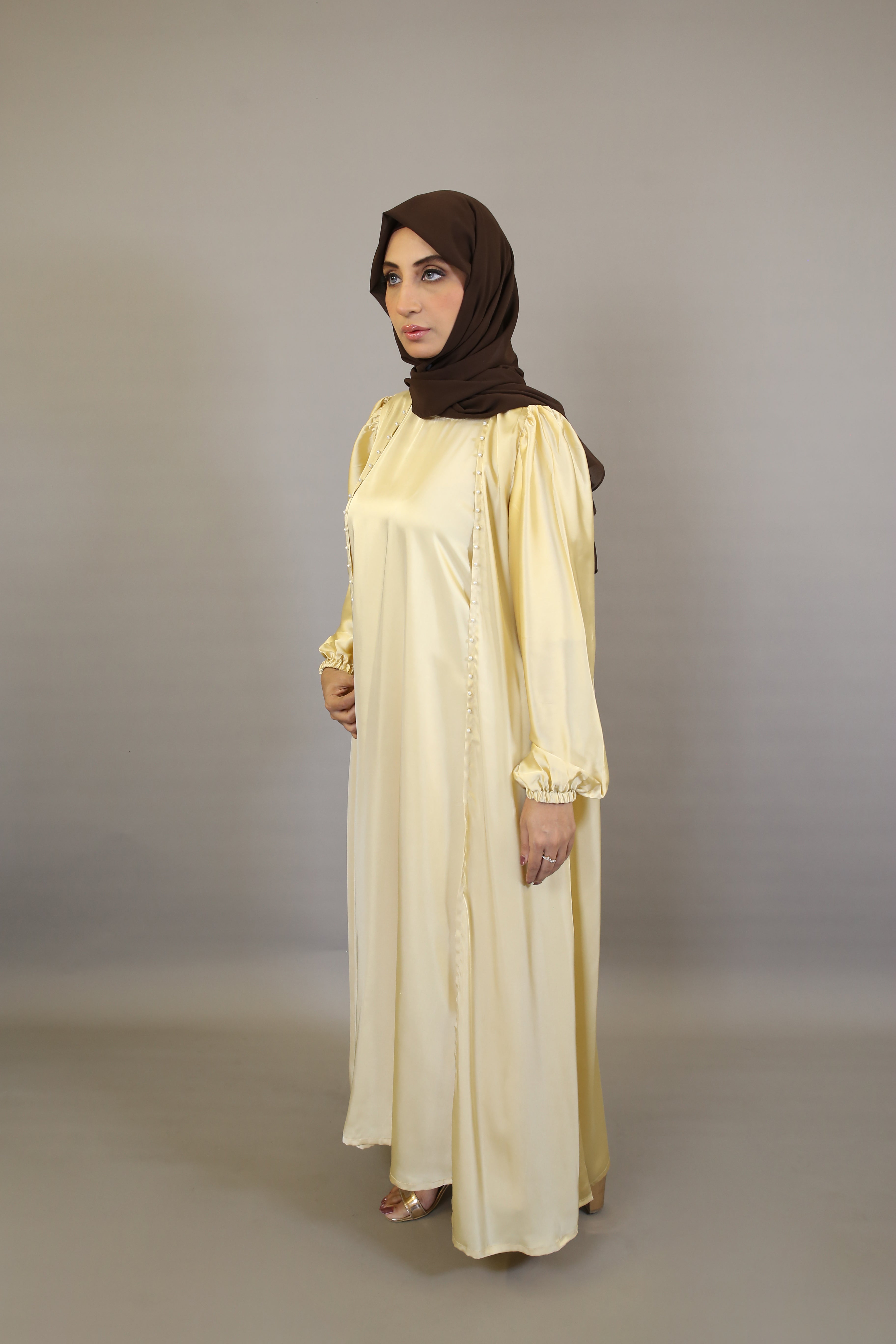 Asfar- Enchanting Satin throw over abaya with faux pearl detailing with identical inner slip dress- Pale Yellow