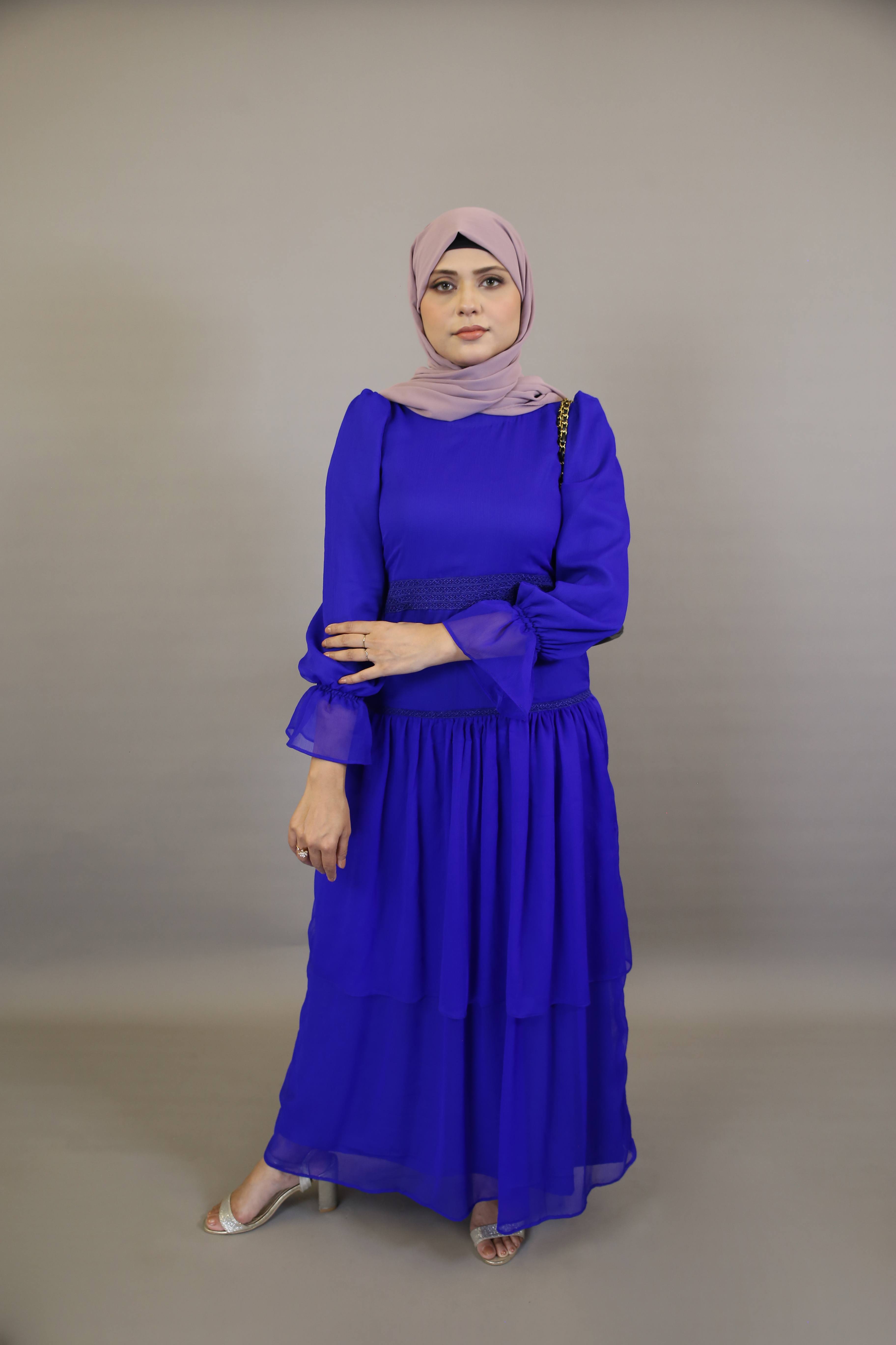 Tarf- Stunning Chiffon lined maxi dress with laced waist and tiered hem with cuffed sleeves- Royal Blue