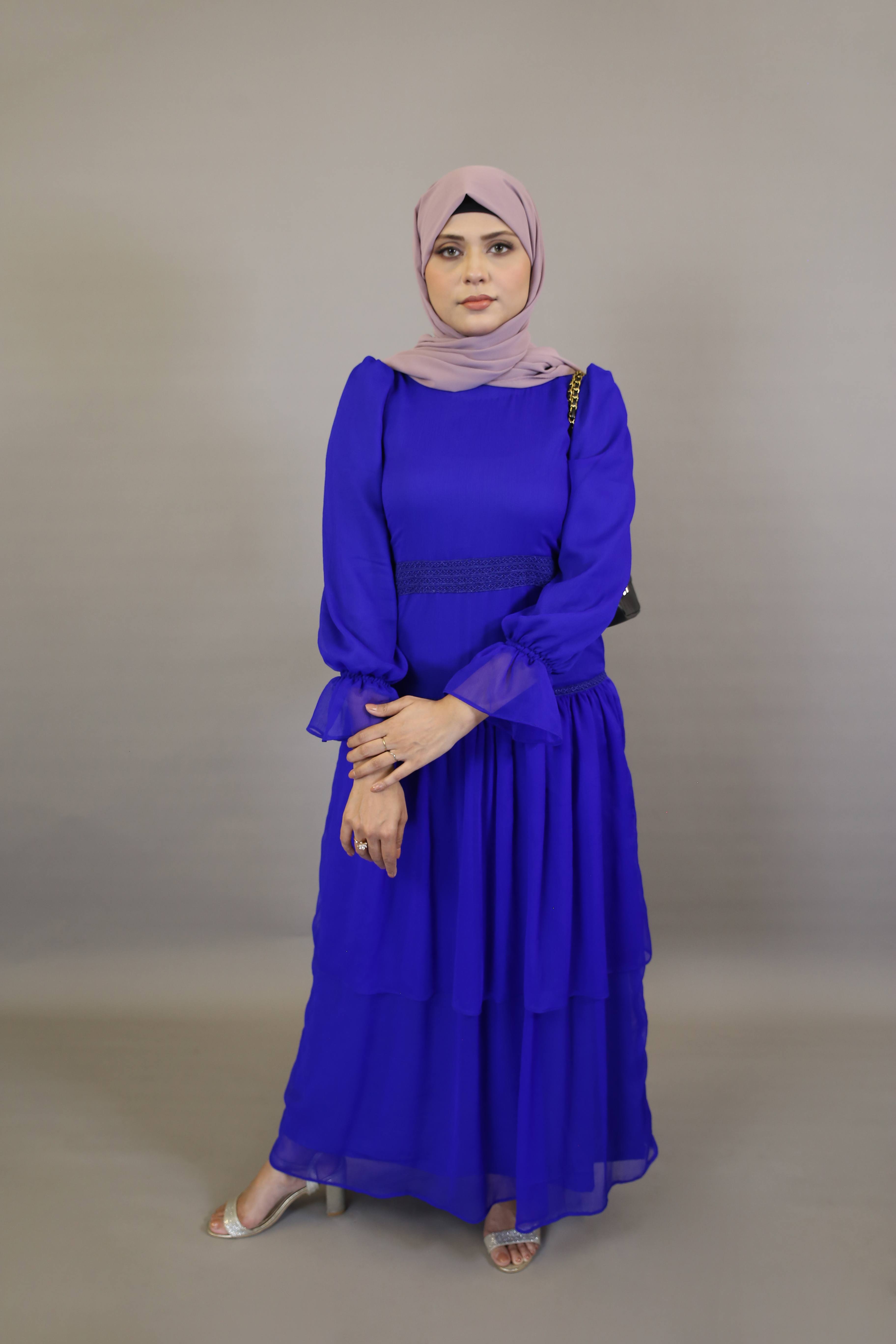 Tarf- Stunning Chiffon lined maxi dress with laced waist and tiered hem with cuffed sleeves- Royal Blue