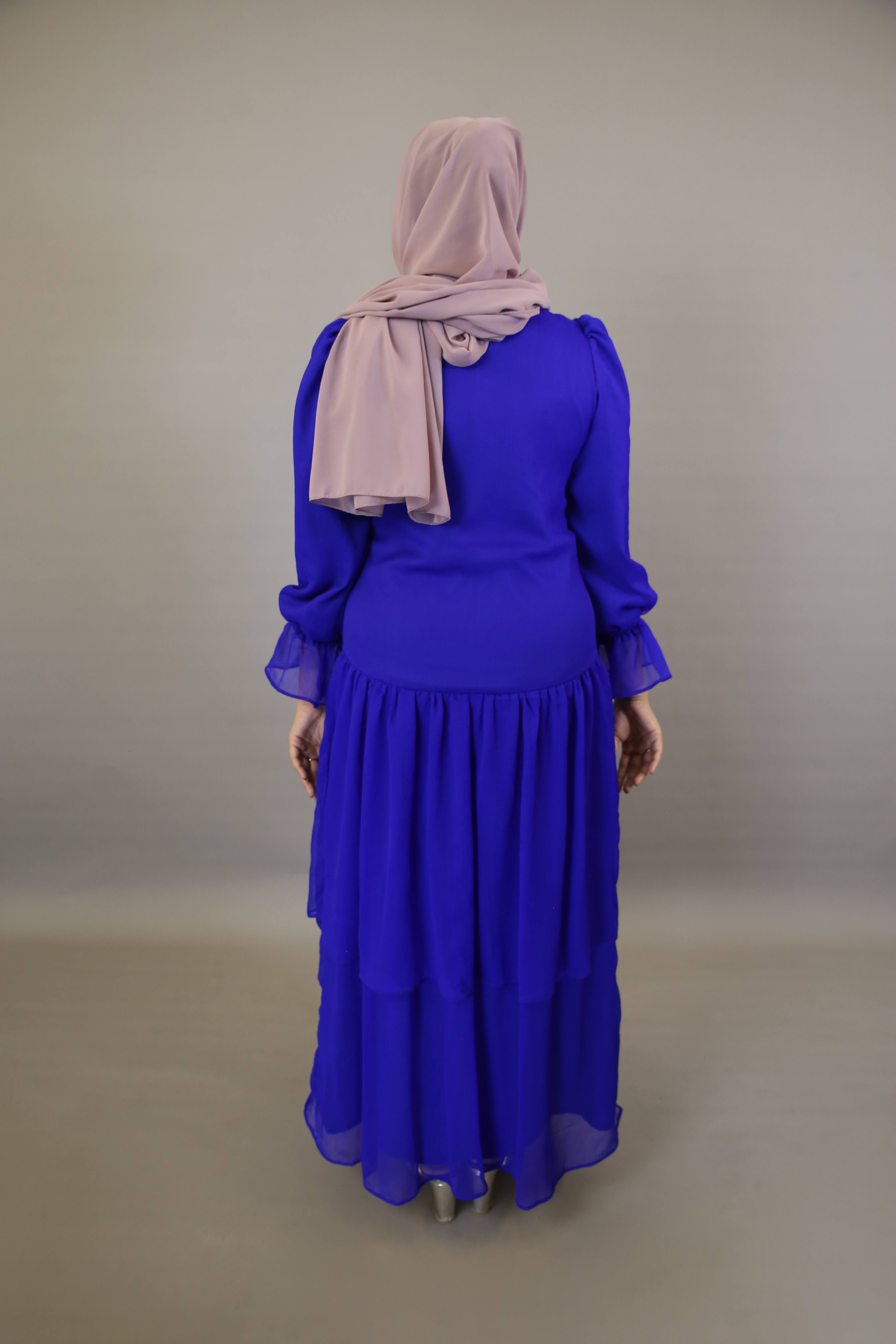 Tarf- Stunning Chiffon lined maxi dress with laced waist and tiered hem with cuffed sleeves- Royal Blue