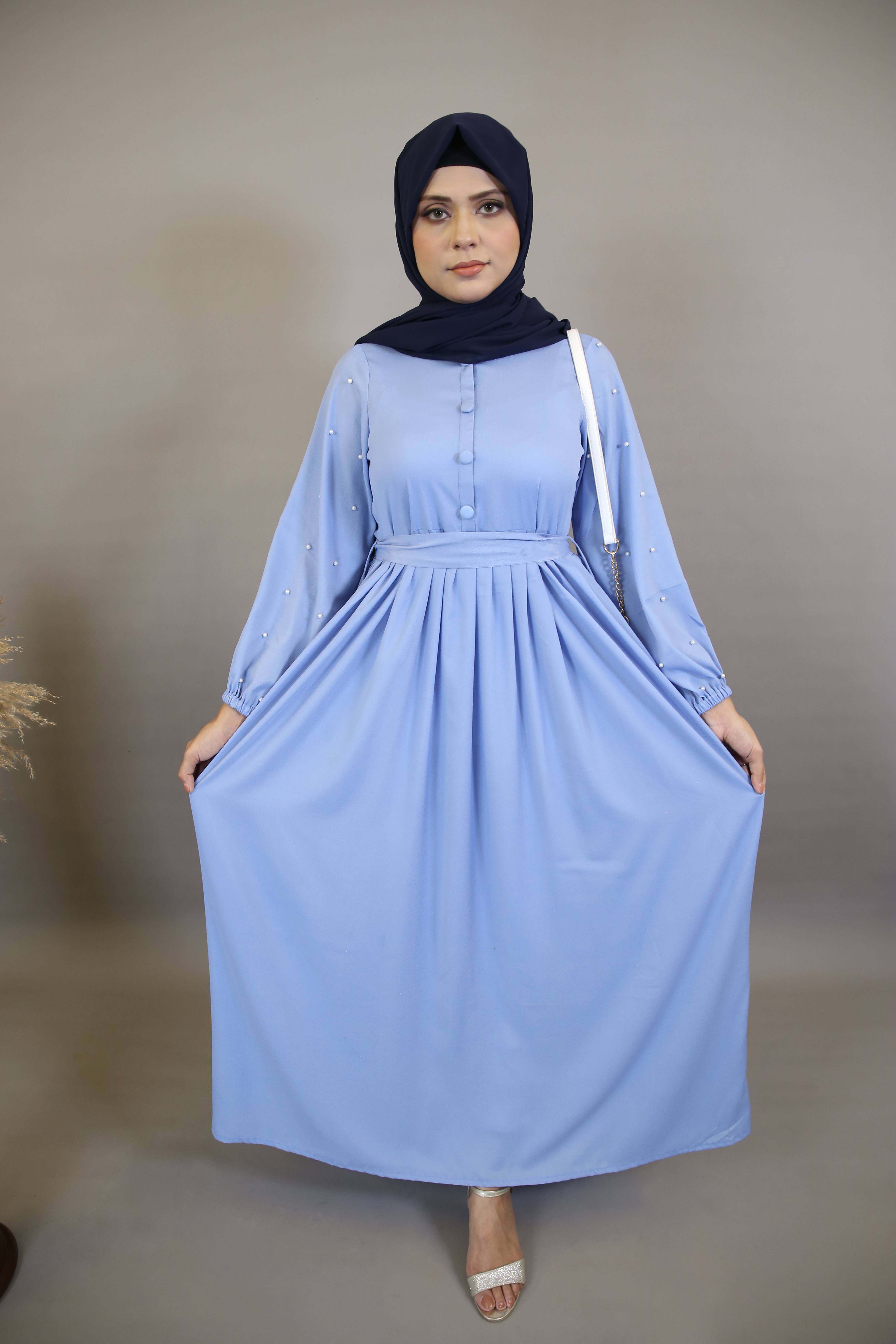 Mommy & Me ✨ Mureeh- Stunning wrinkle free maxi dress with faux pearl on sleeves and back tie belt- Azure Blue