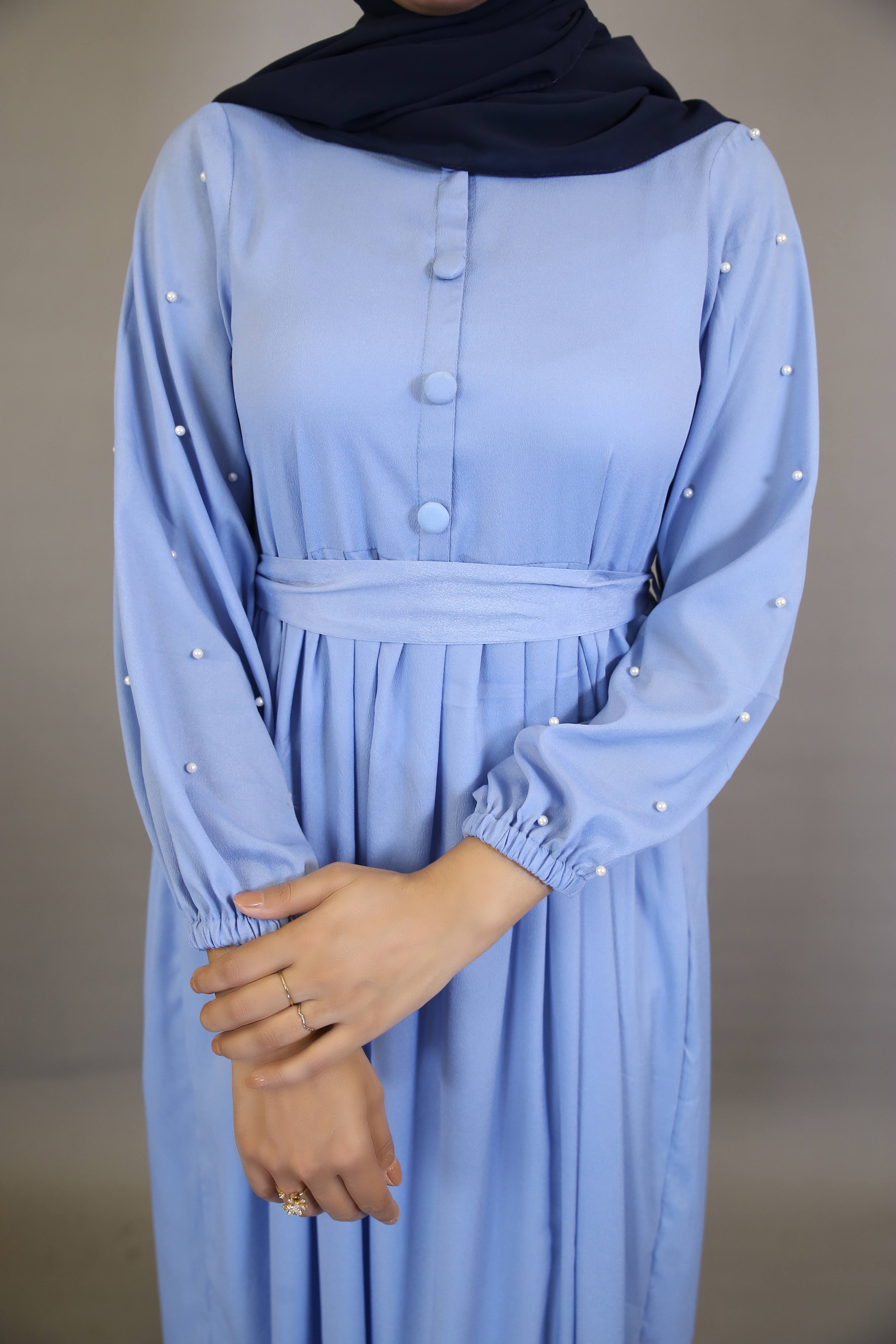 Mureeh- Stunning wrinkle free maxi dress with faux pearl on sleeves and back tie belt- Azure Blue