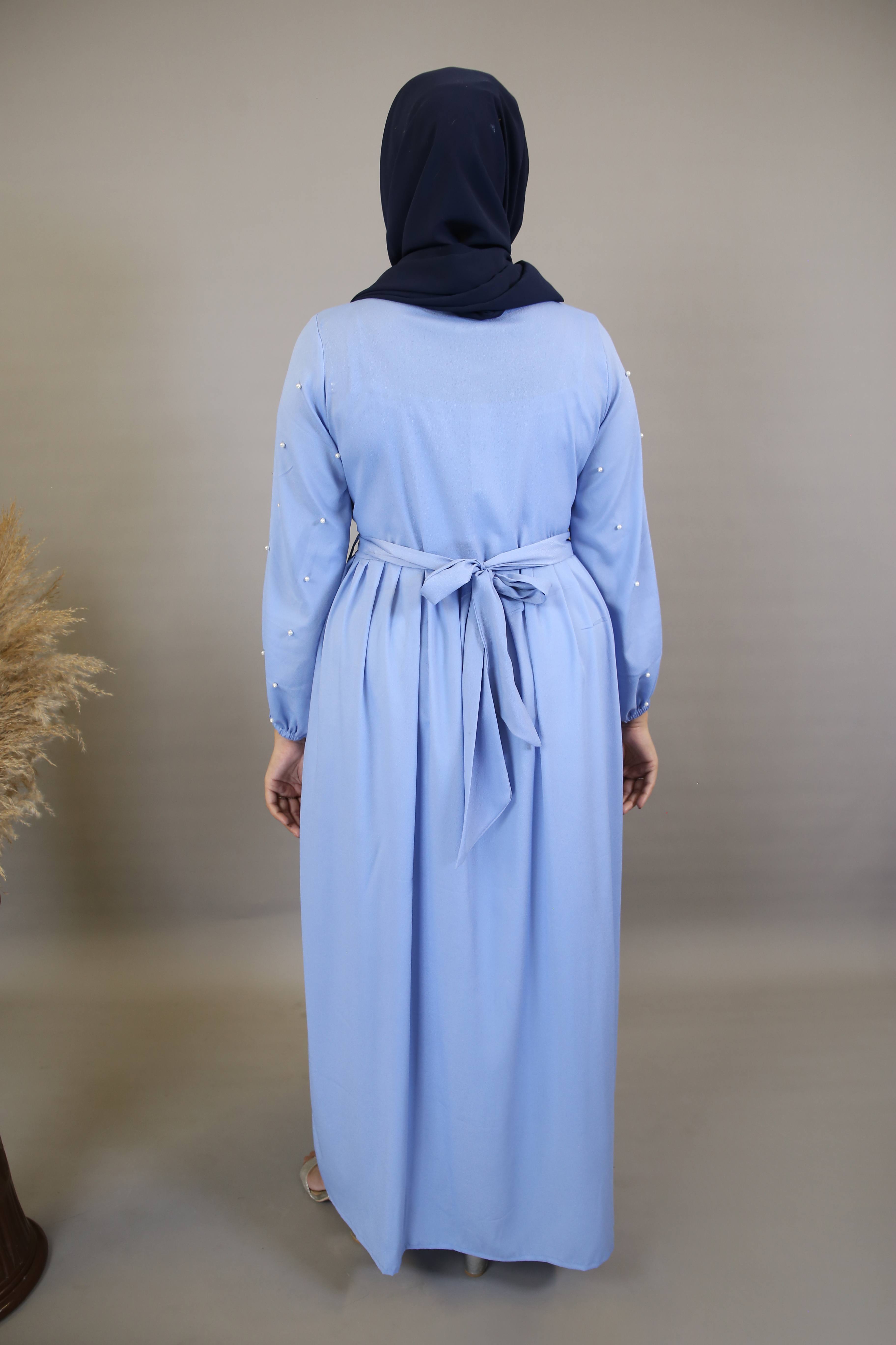 Mureeh- Stunning wrinkle free maxi dress with faux pearl on sleeves and back tie belt- Azure Blue