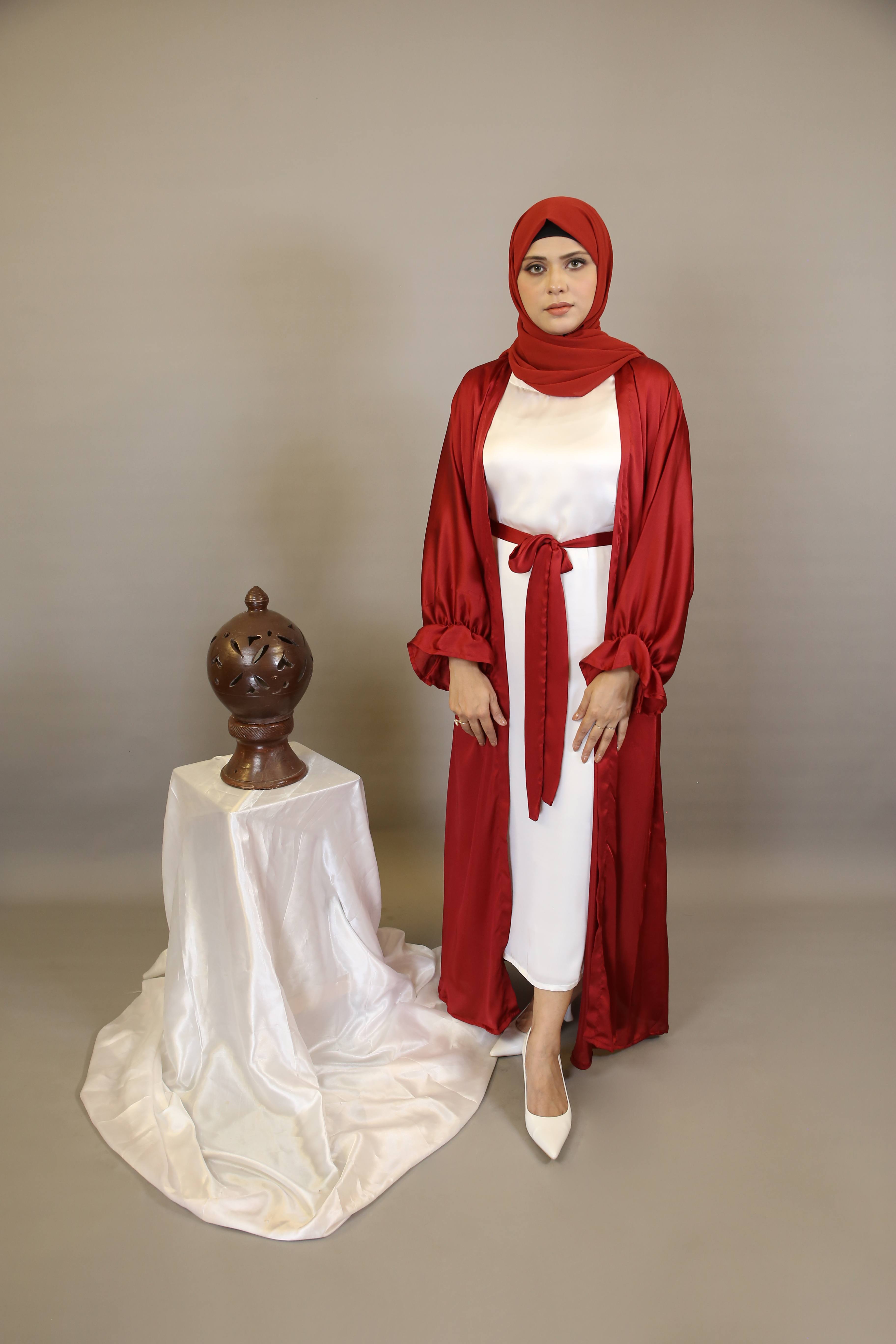 Shafah- Enchanting Satin throw over abaya with matching belt and puffed sleeves with white inner slip dress- Scarlet Red