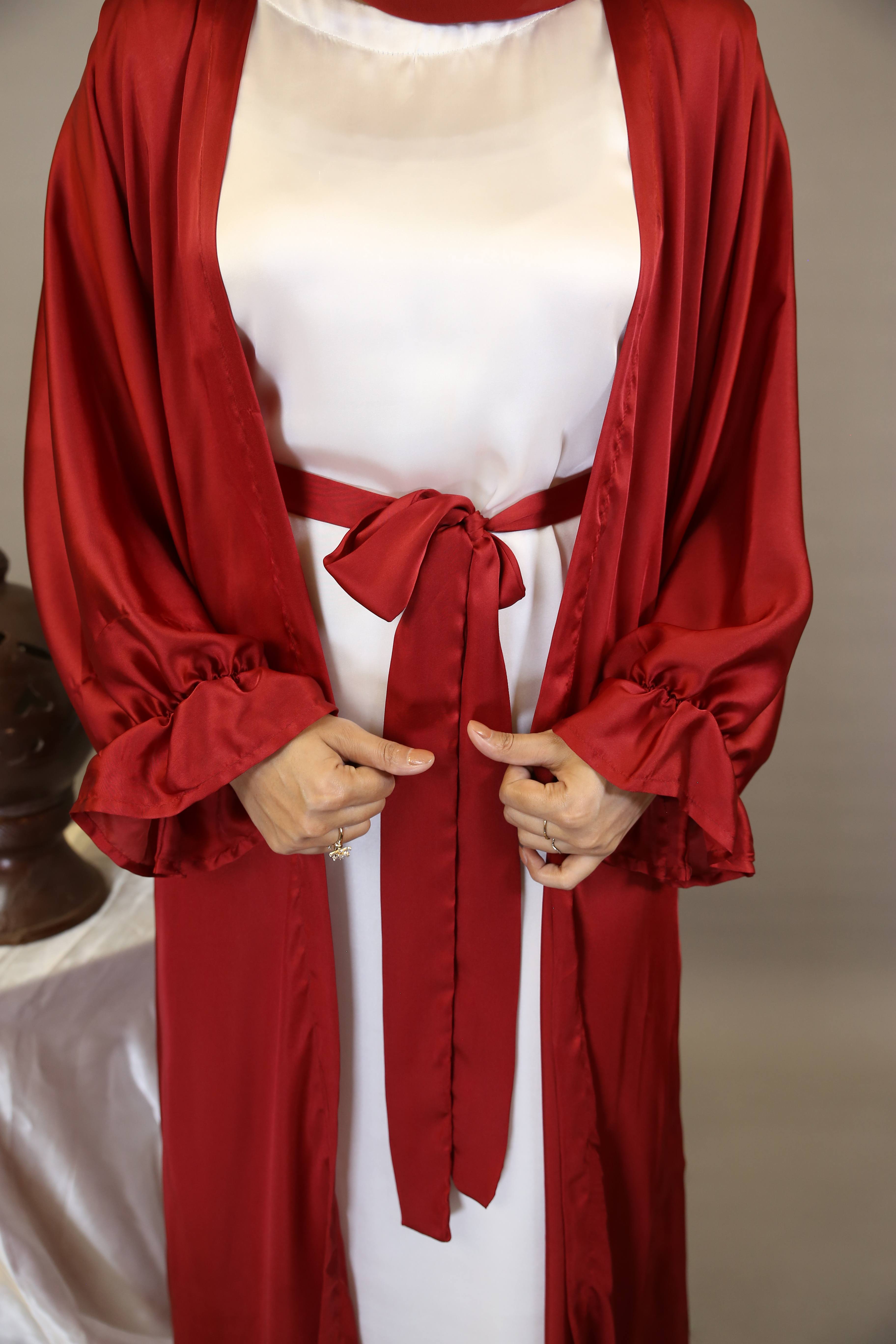 Shafah- Enchanting Satin throw over abaya with matching belt and puffed sleeves with white inner slip dress- Scarlet Red