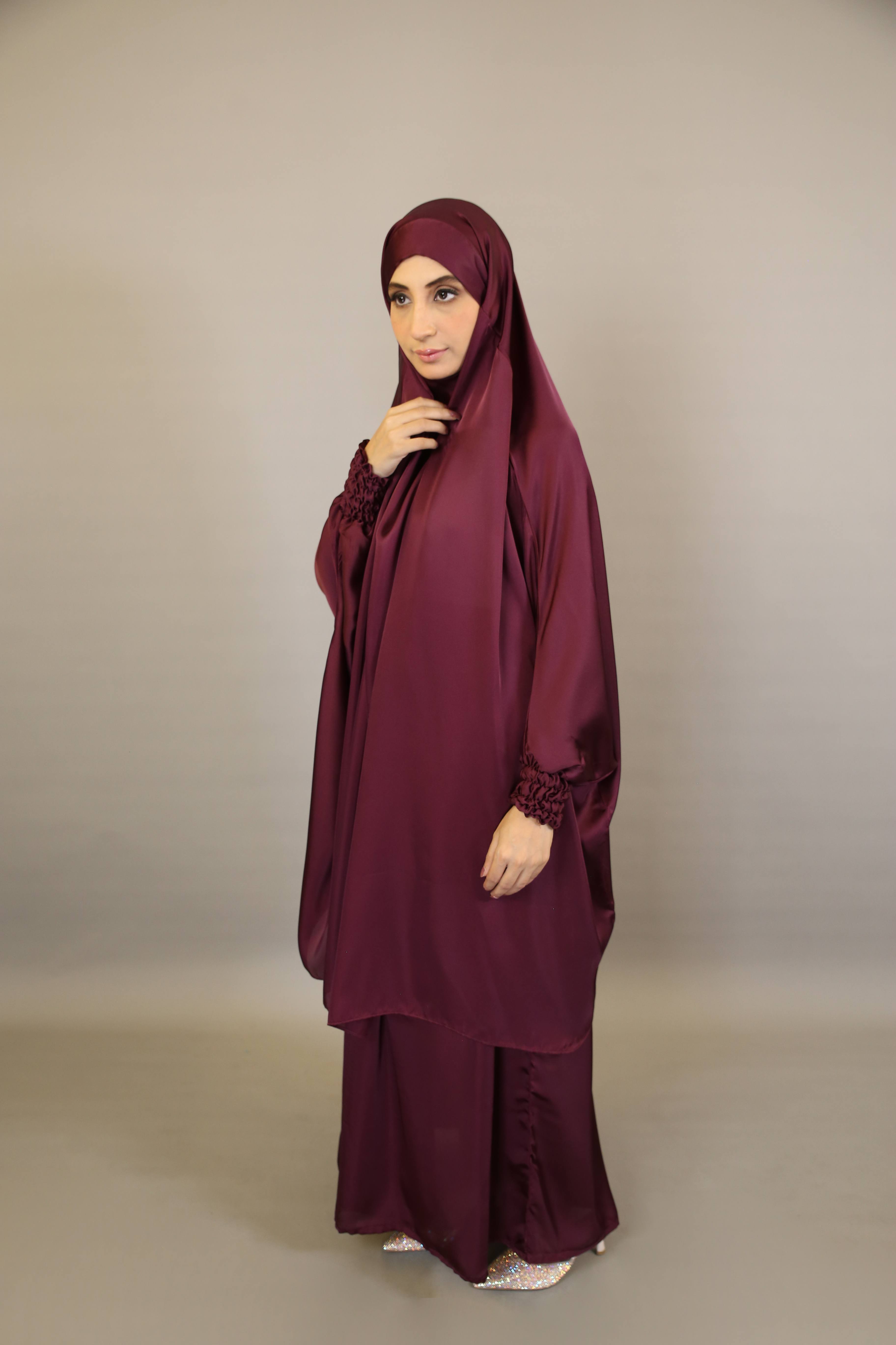 Taharah- Luxurious two piece prayers set khimar style with ribbed sleeves and skirt- Plum Purple