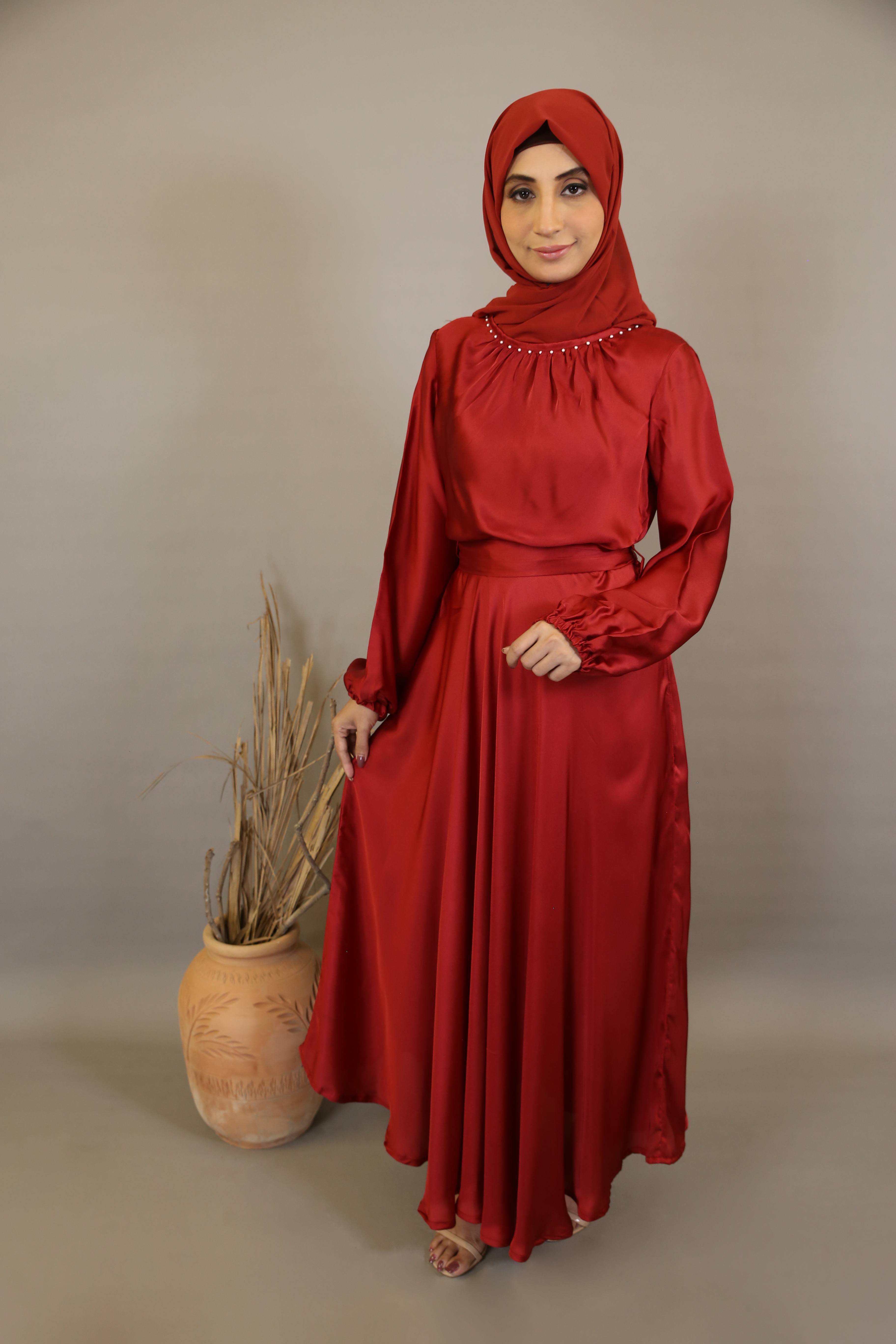 Naqaa- Glorious Satin maxi dress with faux pearls detailing and belt- Cherry Red