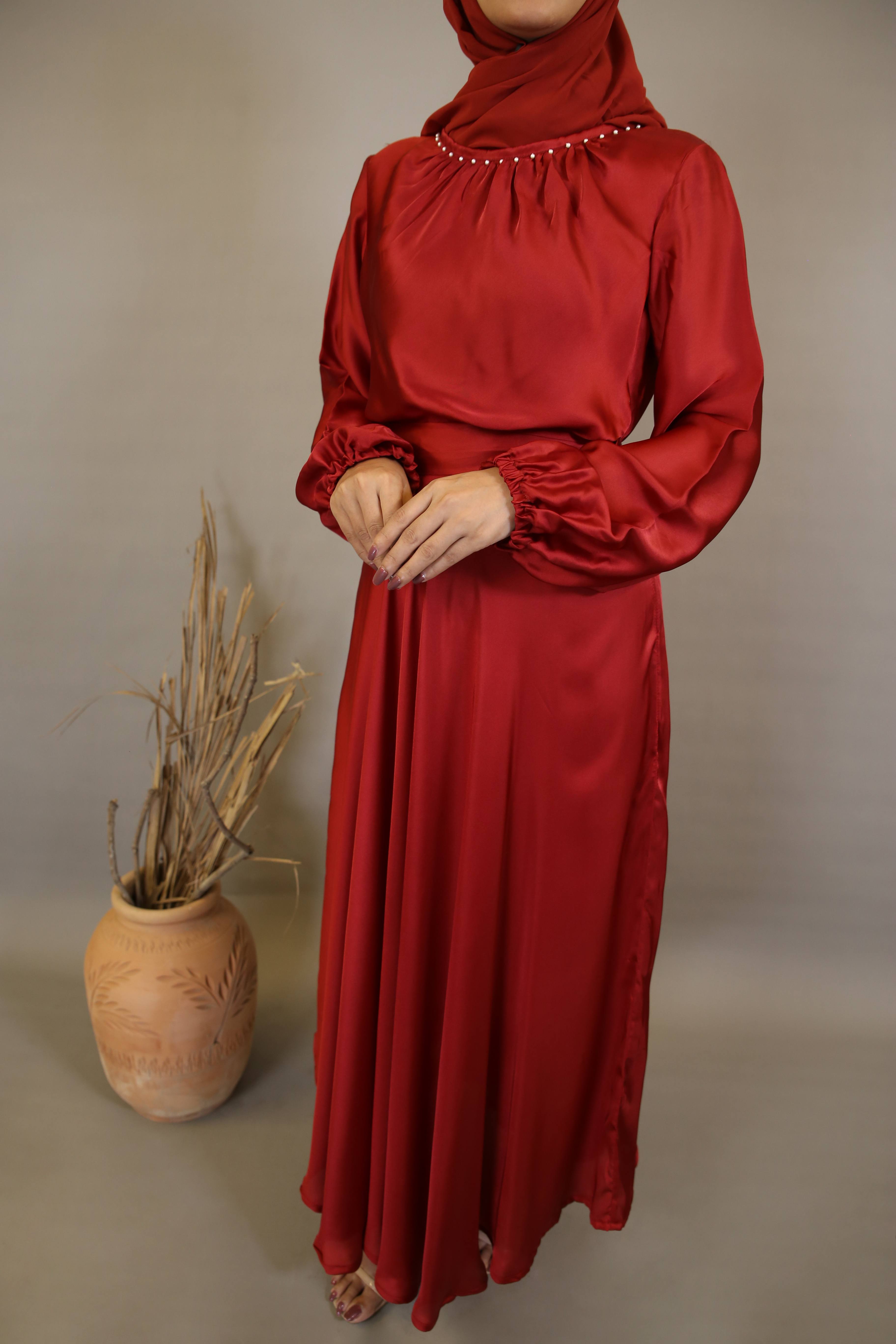 Naqaa- Glorious Satin maxi dress with faux pearls detailing and belt- Cherry Red