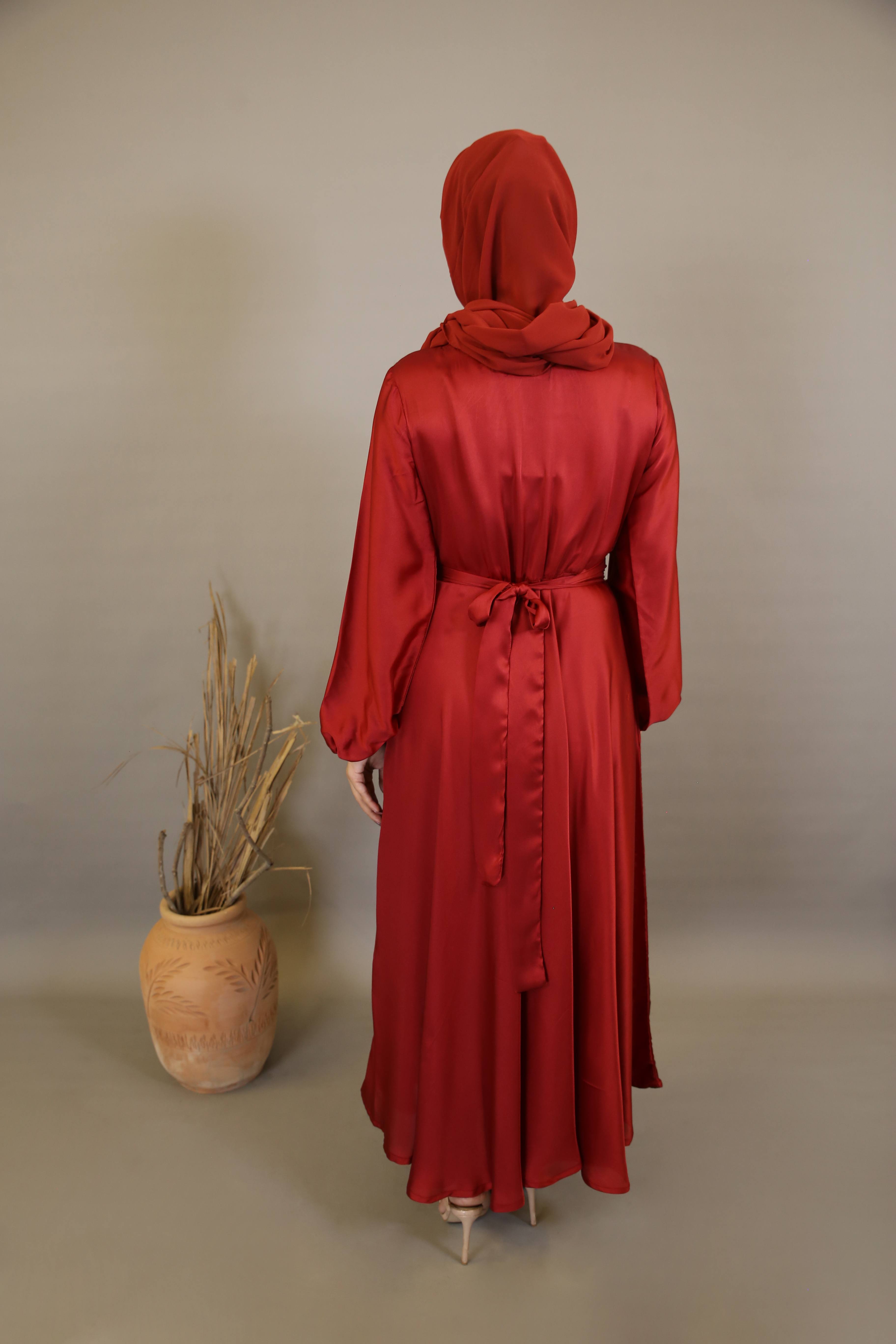 Naqaa- Glorious Satin maxi dress with faux pearls detailing and belt- Cherry Red