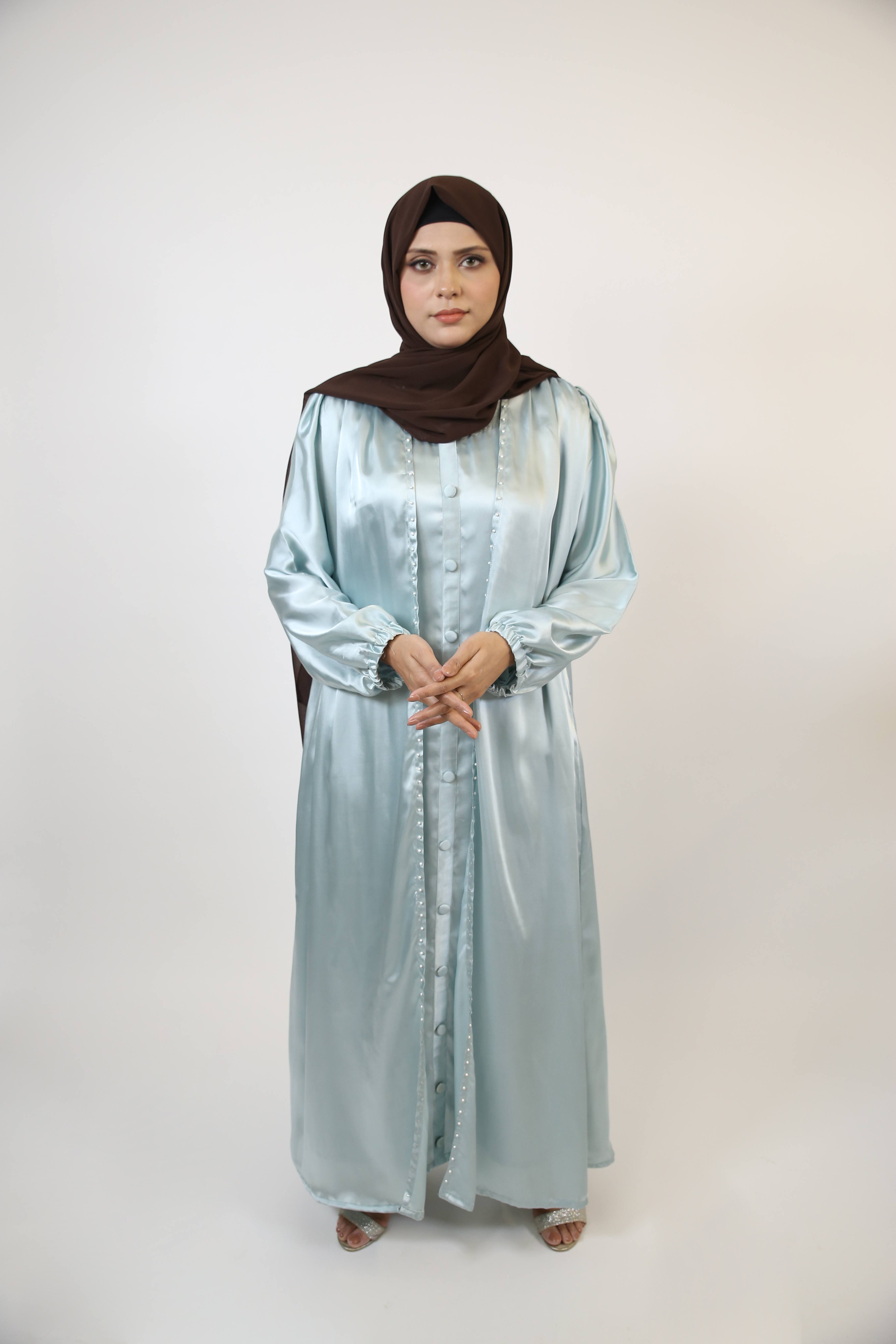 Baraa- Splendid Satin throw over abaya with faux pearls detailing and button down inner slip dress- Ice Blue