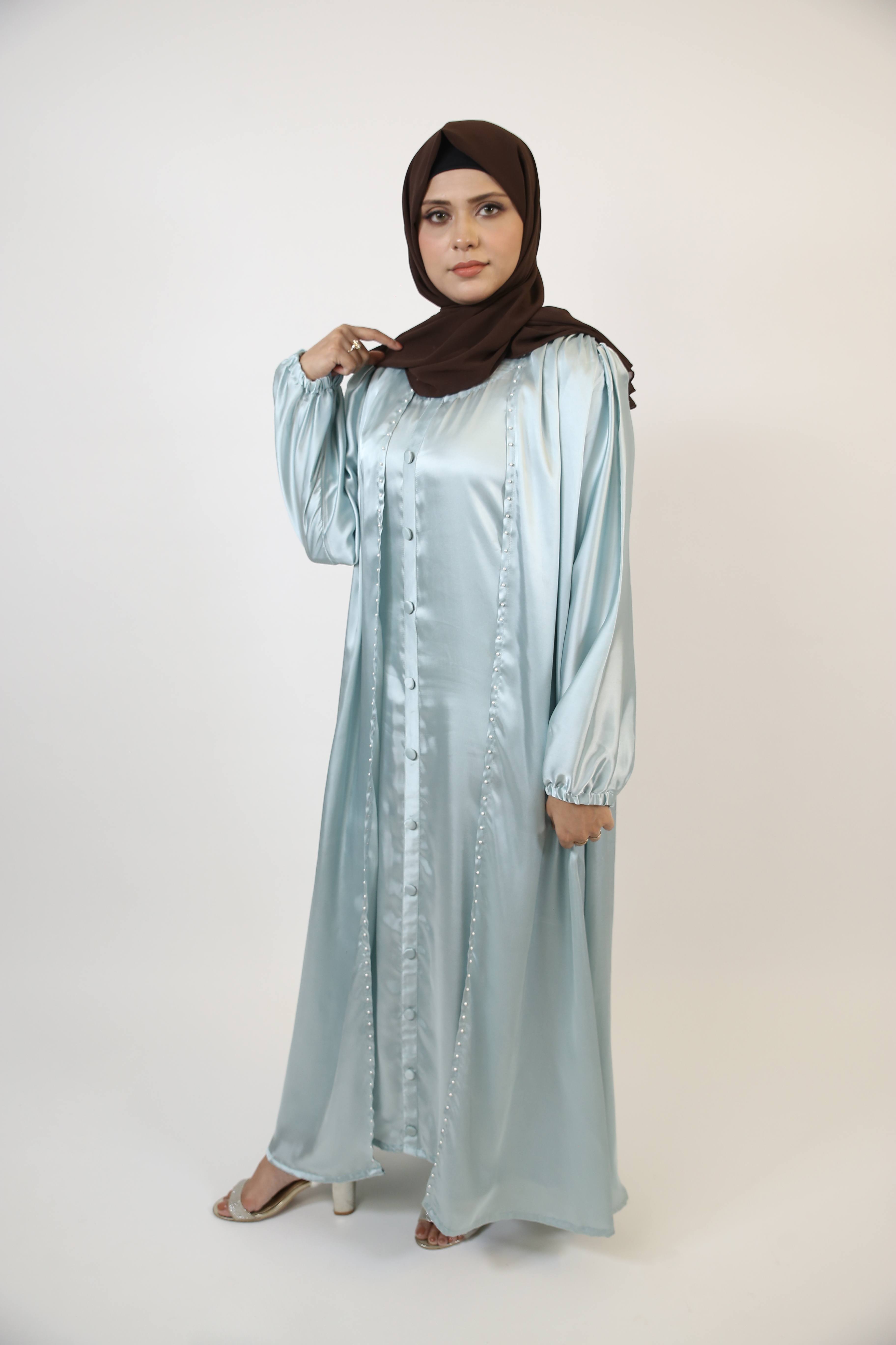 Baraa- Splendid Satin throw over abaya with faux pearls detailing and button down inner slip dress- Ice Blue
