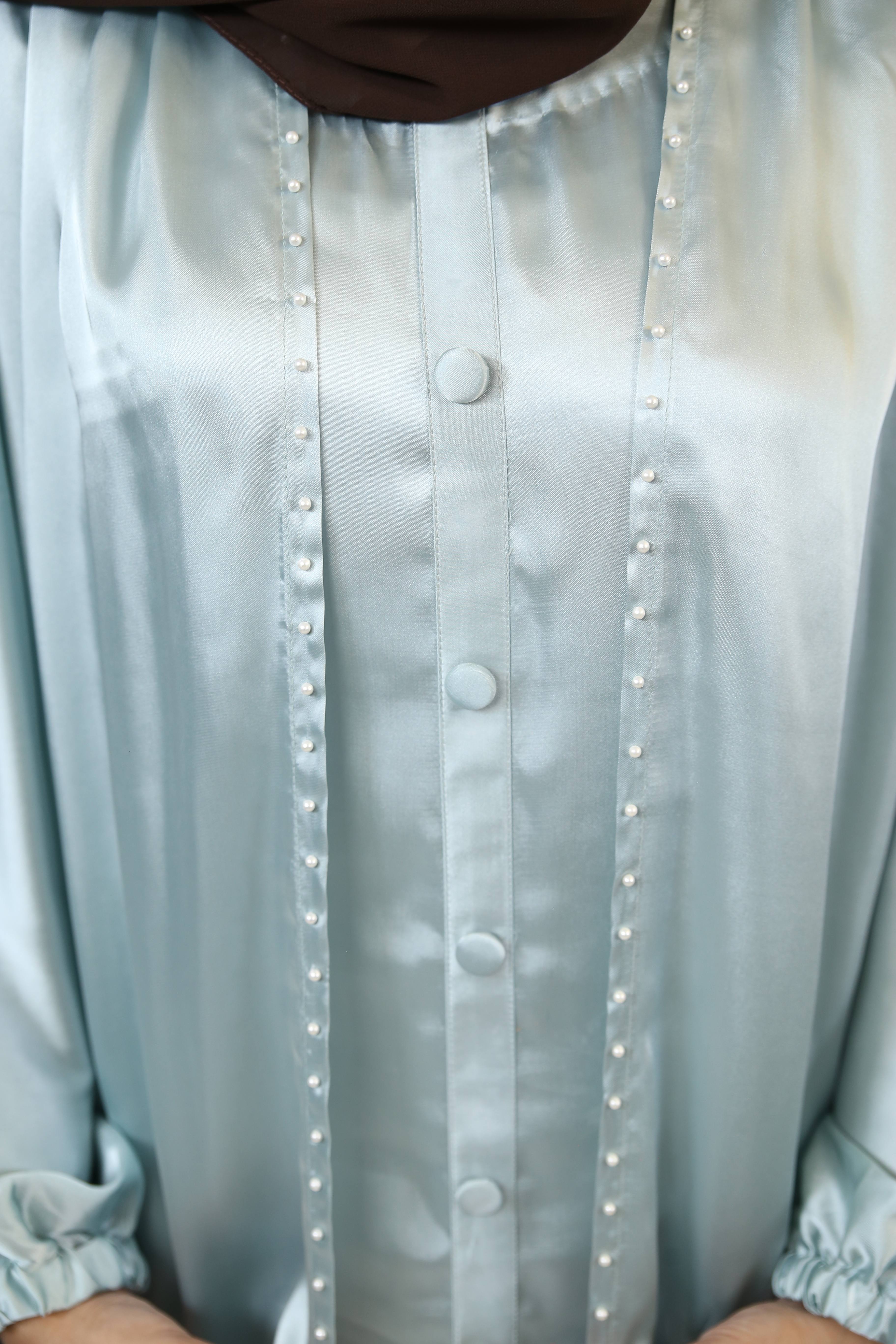 Baraa- Splendid Satin throw over abaya with faux pearls detailing and button down inner slip dress- Ice Blue