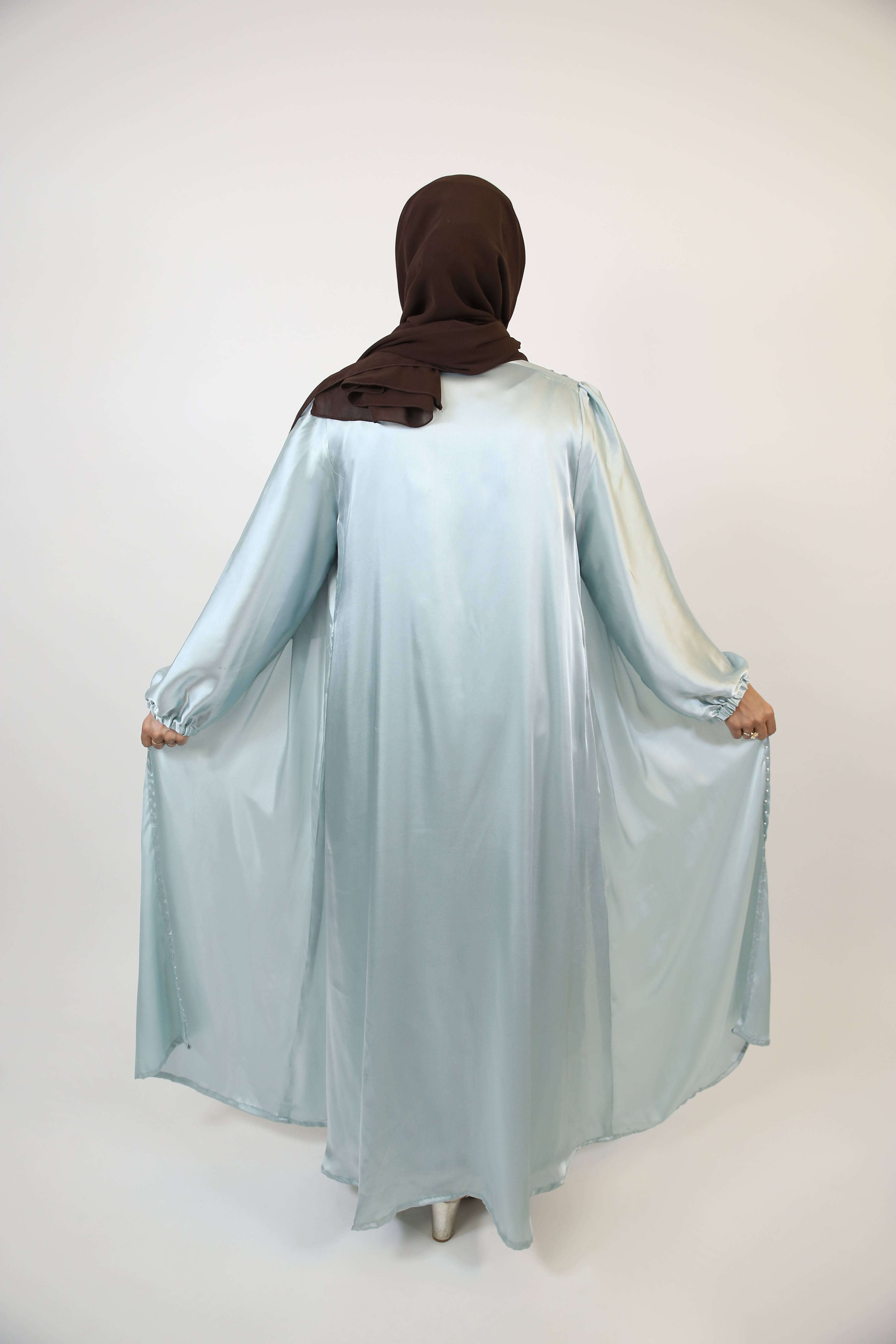 Baraa- Splendid Satin throw over abaya with faux pearls detailing and button down inner slip dress- Ice Blue