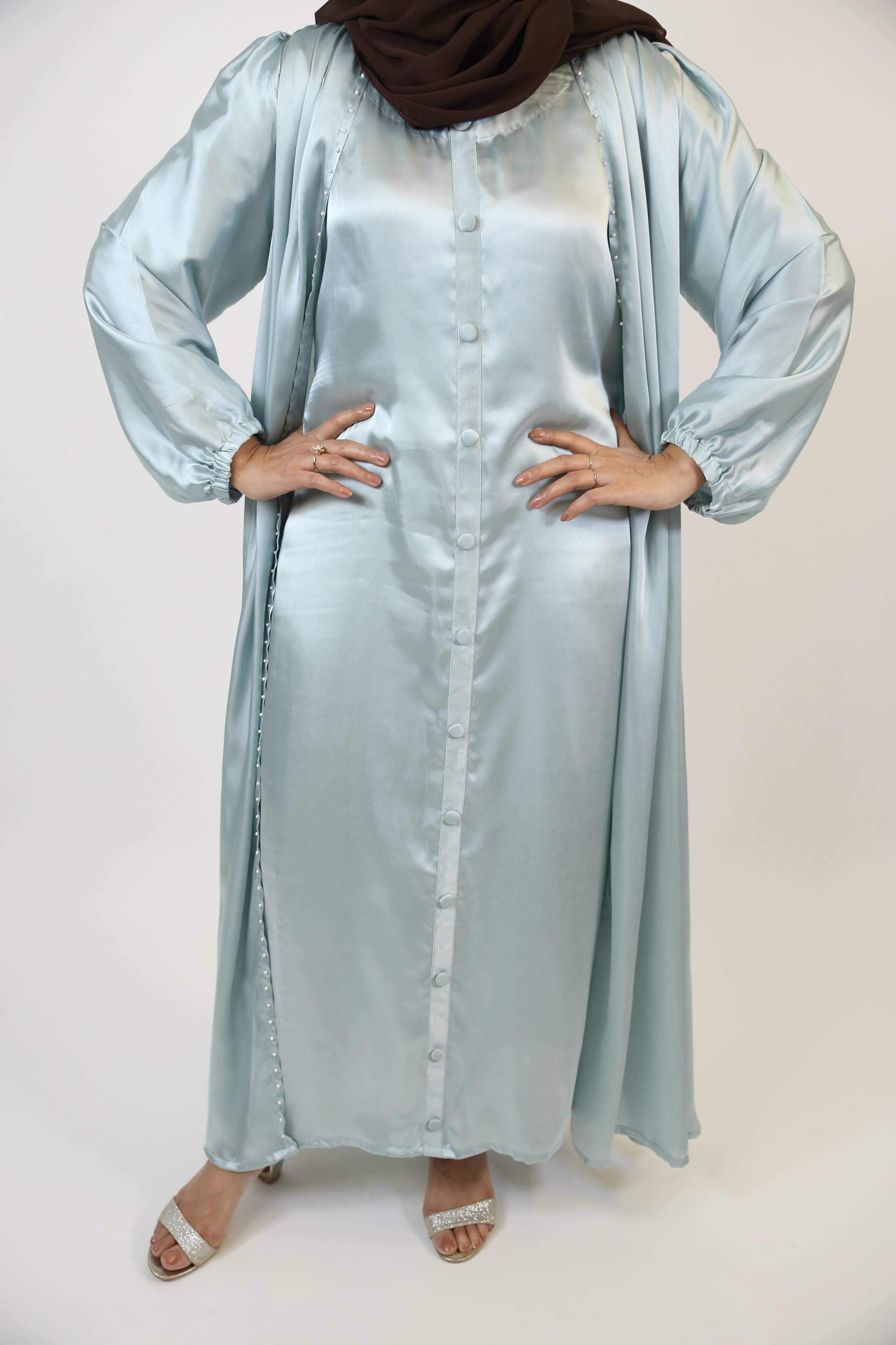 Baraa- Splendid Satin throw over abaya with faux pearls detailing and button down inner slip dress- Ice Blue
