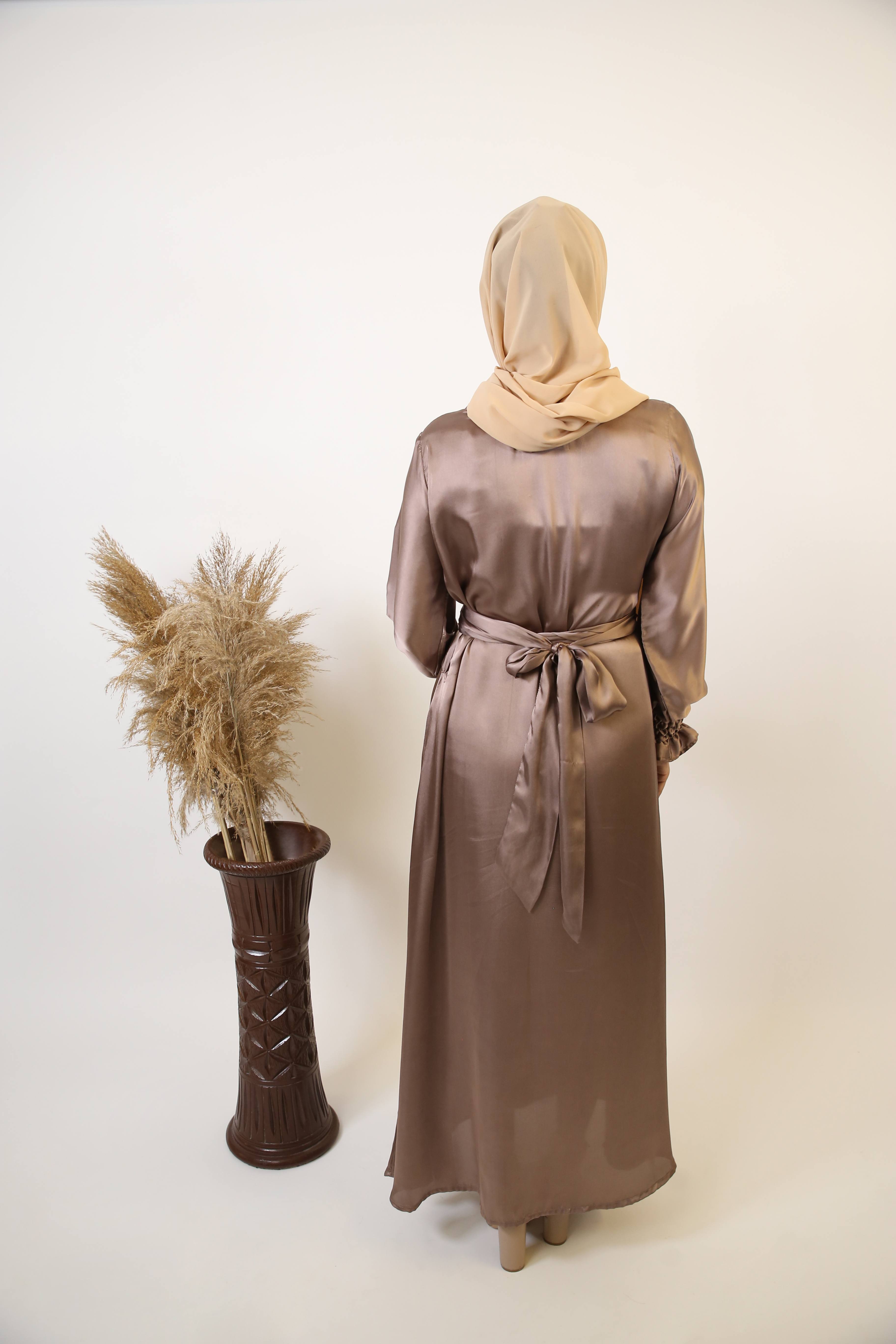 Amlass- Stunning Satin maxi dress with wrap around belt and ribbed sleeves- Earthy Beige