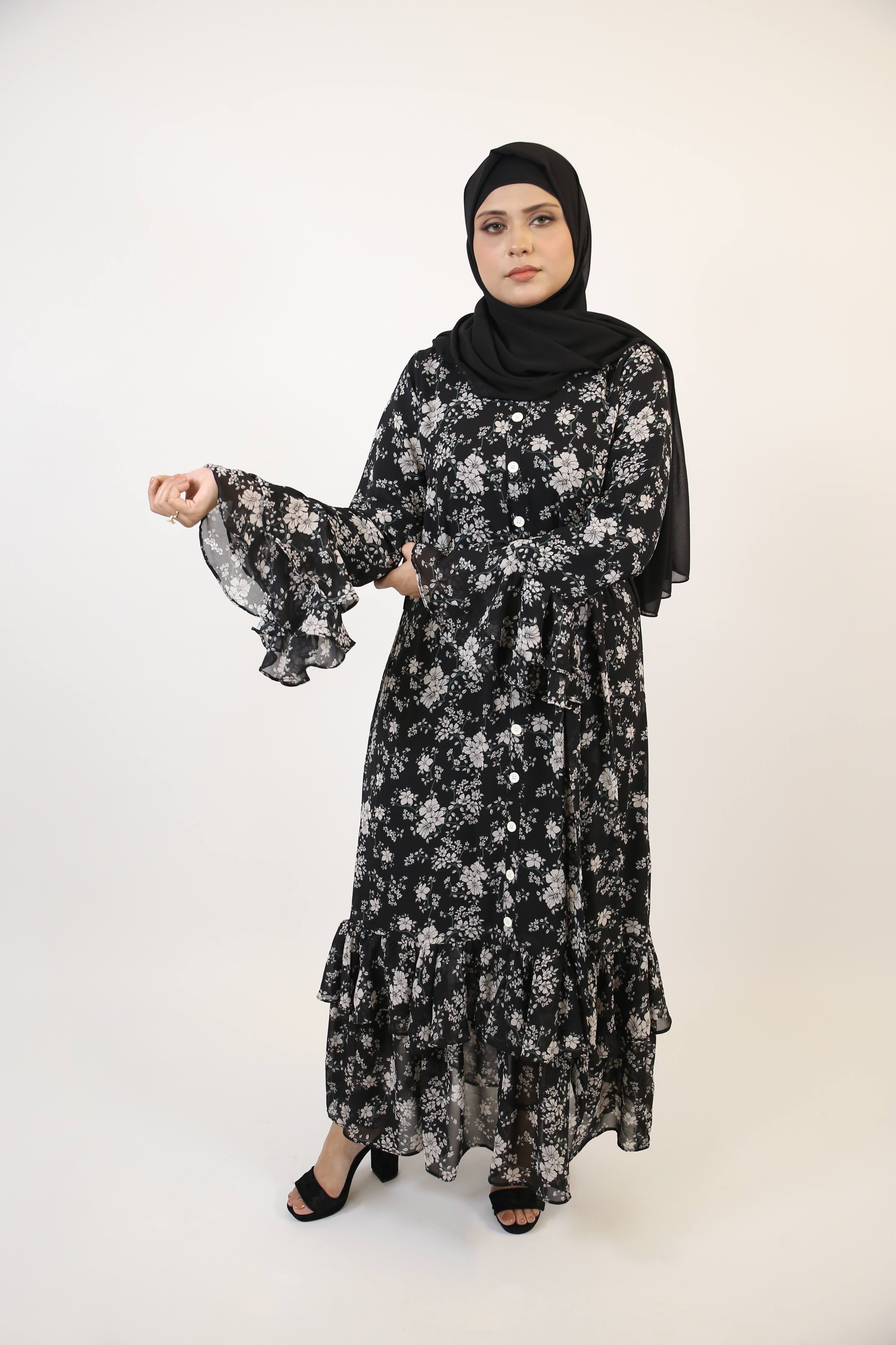 Najam- Graceful Chiffon lined Black and White floral printed maxi dress with fish cut design and layered sleeves with matching belt