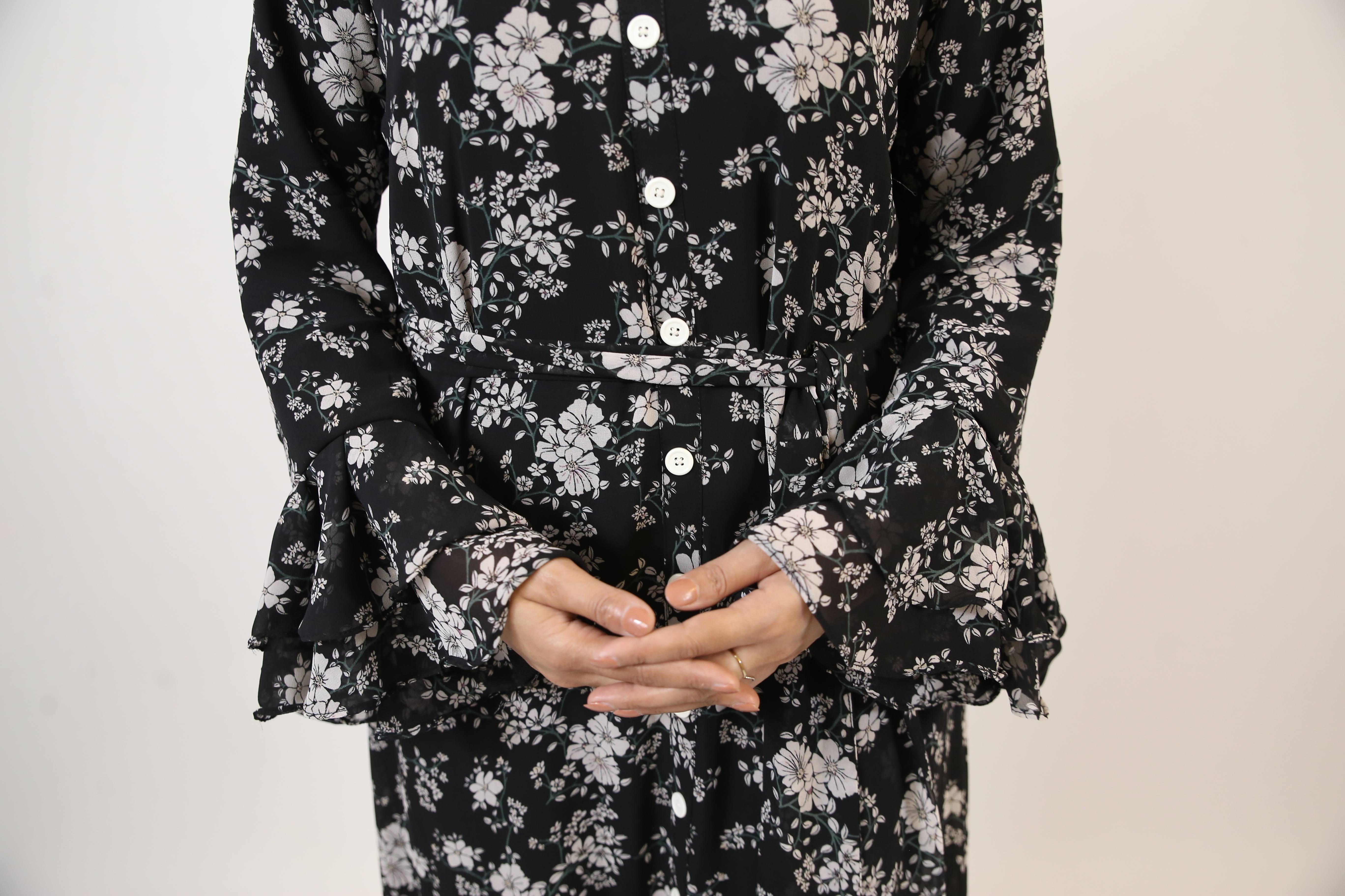 Najam- Graceful Chiffon lined Black and White floral printed maxi dress with fish cut design and layered sleeves with matching belt