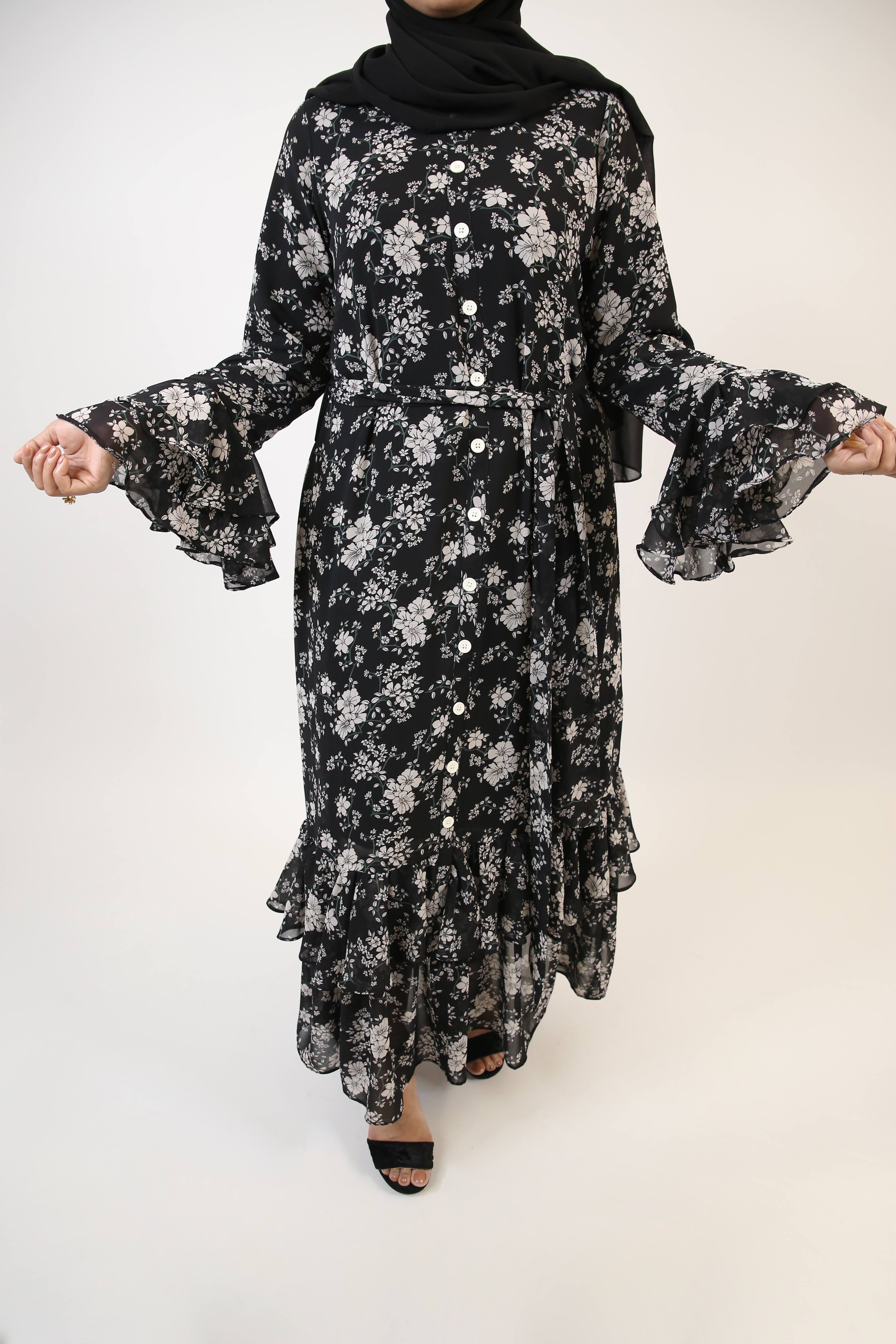 Najam- Graceful Chiffon lined Black and White floral printed maxi dress with fish cut design and layered sleeves with matching belt