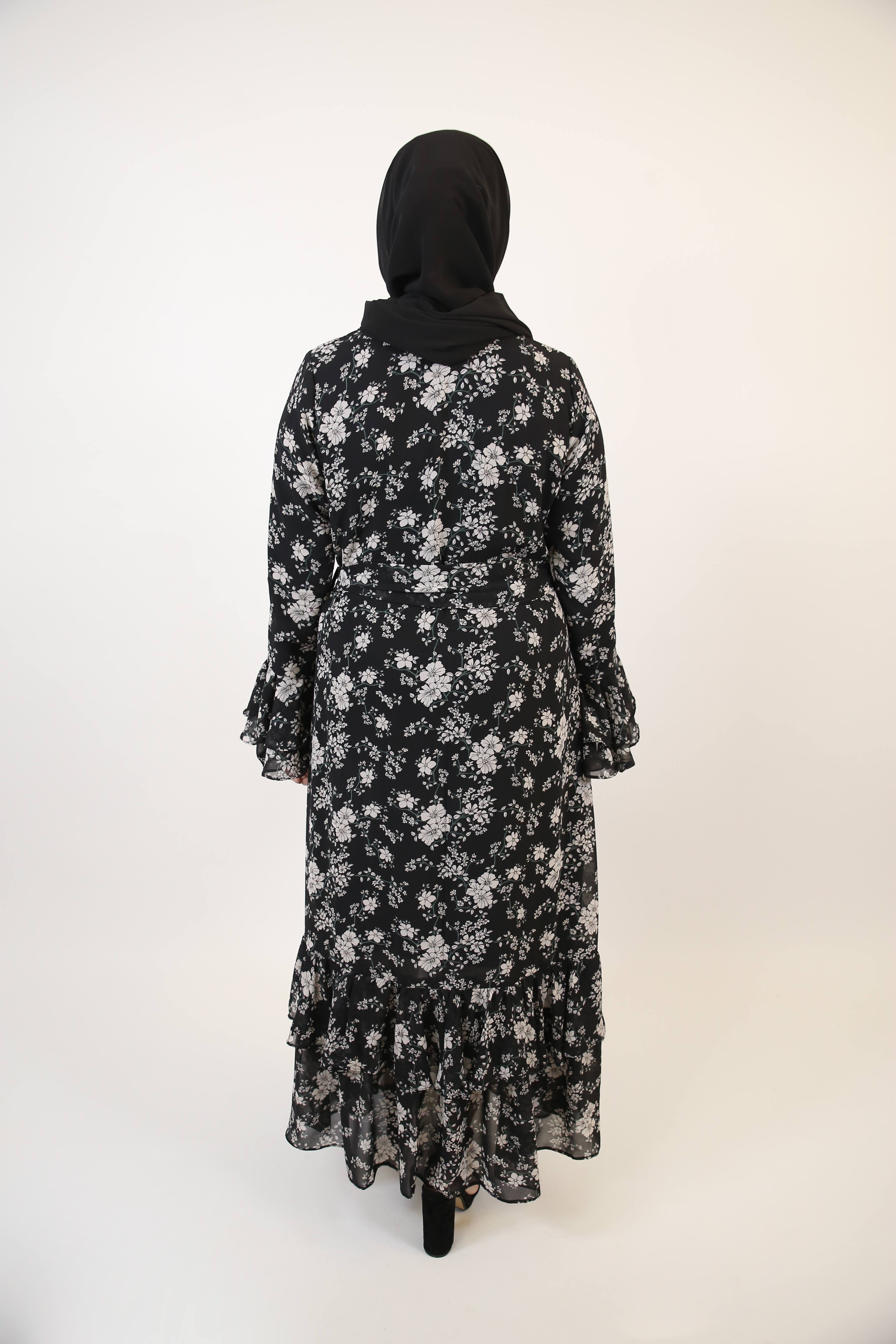 Najam- Graceful Chiffon lined Black and White floral printed maxi dress with fish cut design and layered sleeves with matching belt