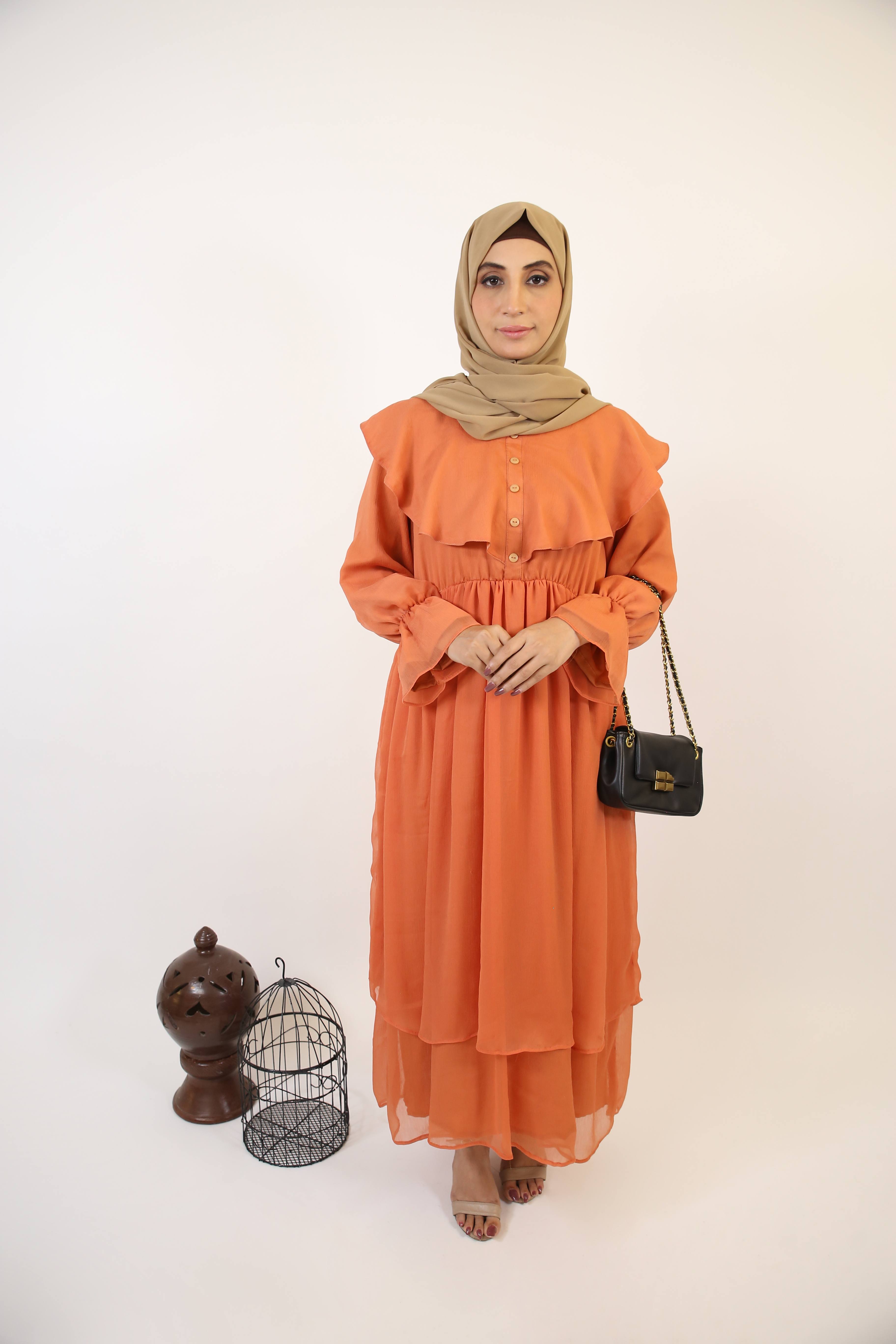 Nahas- Exquisite chiffon fully lined maxi dress with collar detailing and layered hem- Copper Orange