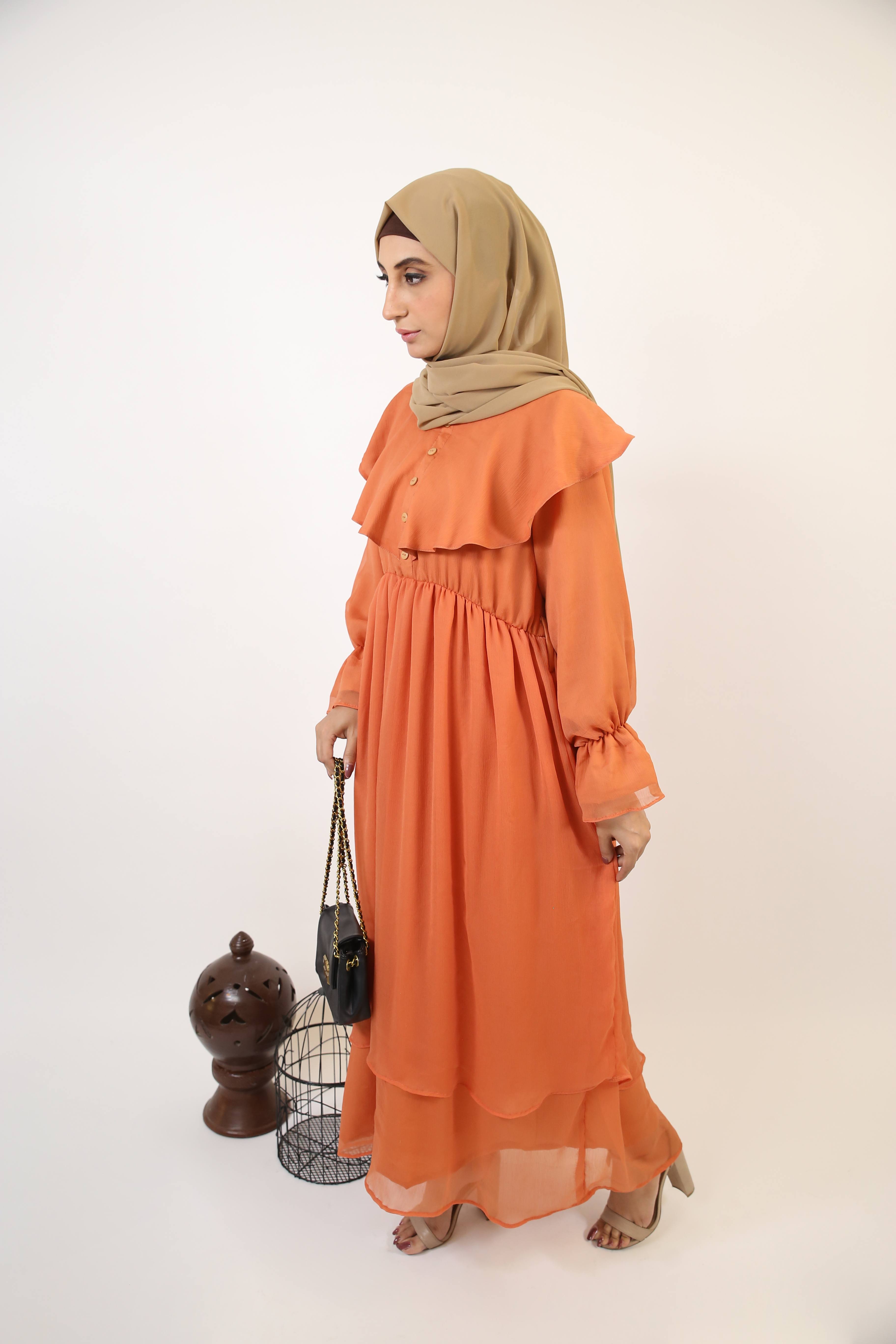 Nahas- Exquisite chiffon fully lined maxi dress with collar detailing and layered hem- Copper Orange