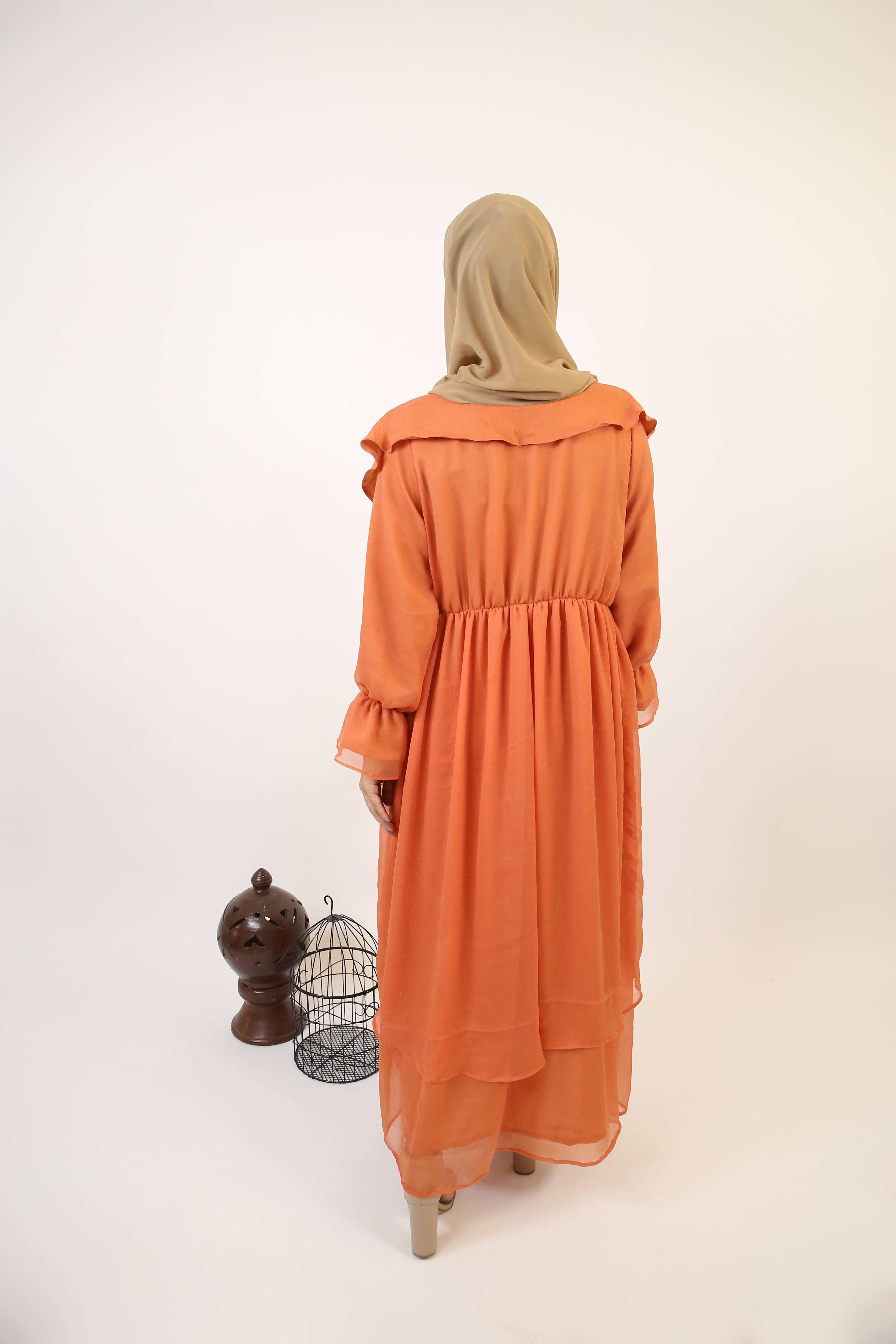 Nahas- Exquisite chiffon fully lined maxi dress with collar detailing and layered hem- Copper Orange