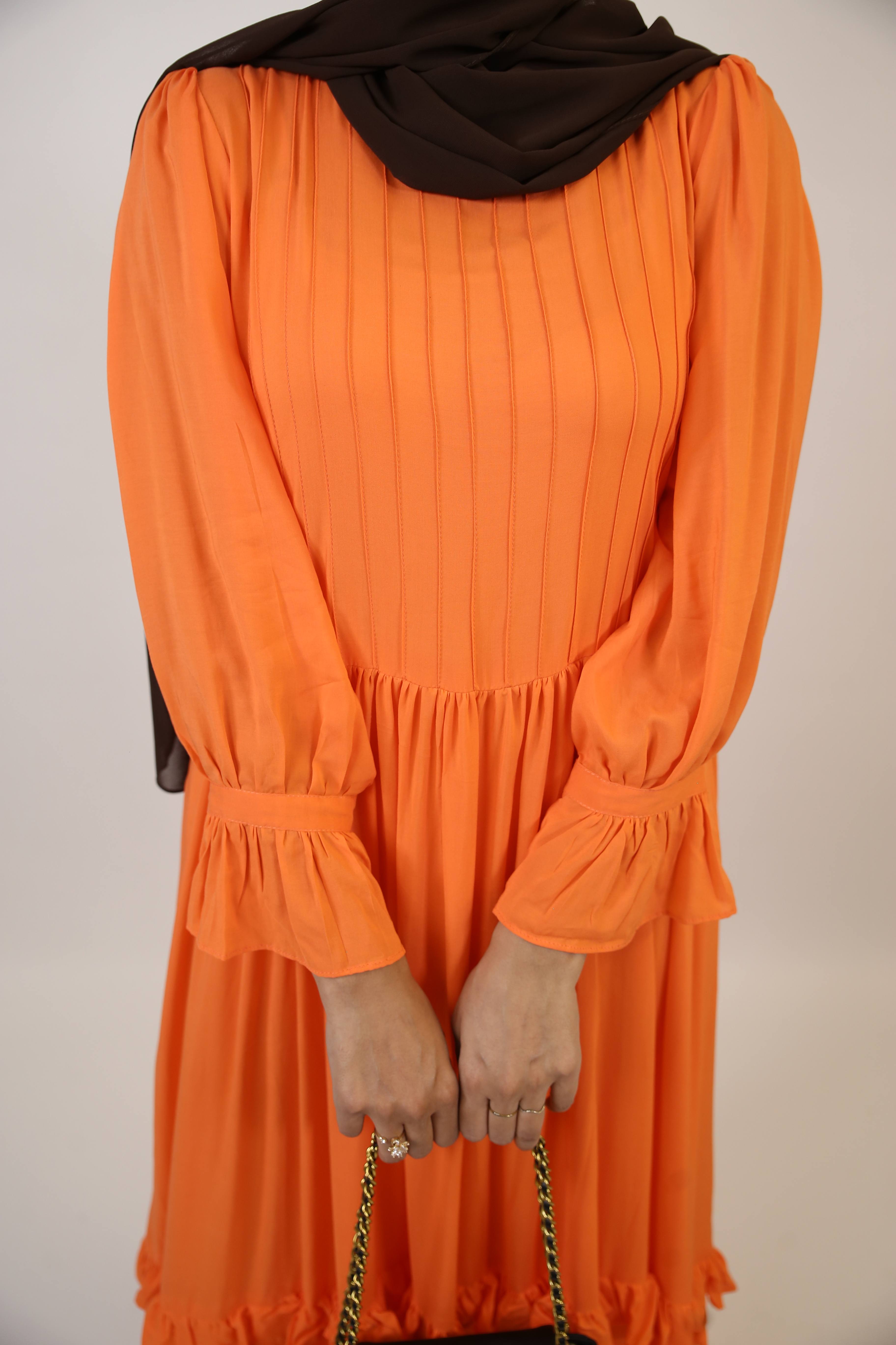 Samahah- Graceful Linen maxi dress with pintuck pleats and ruffled hem-Pumpkin Orange