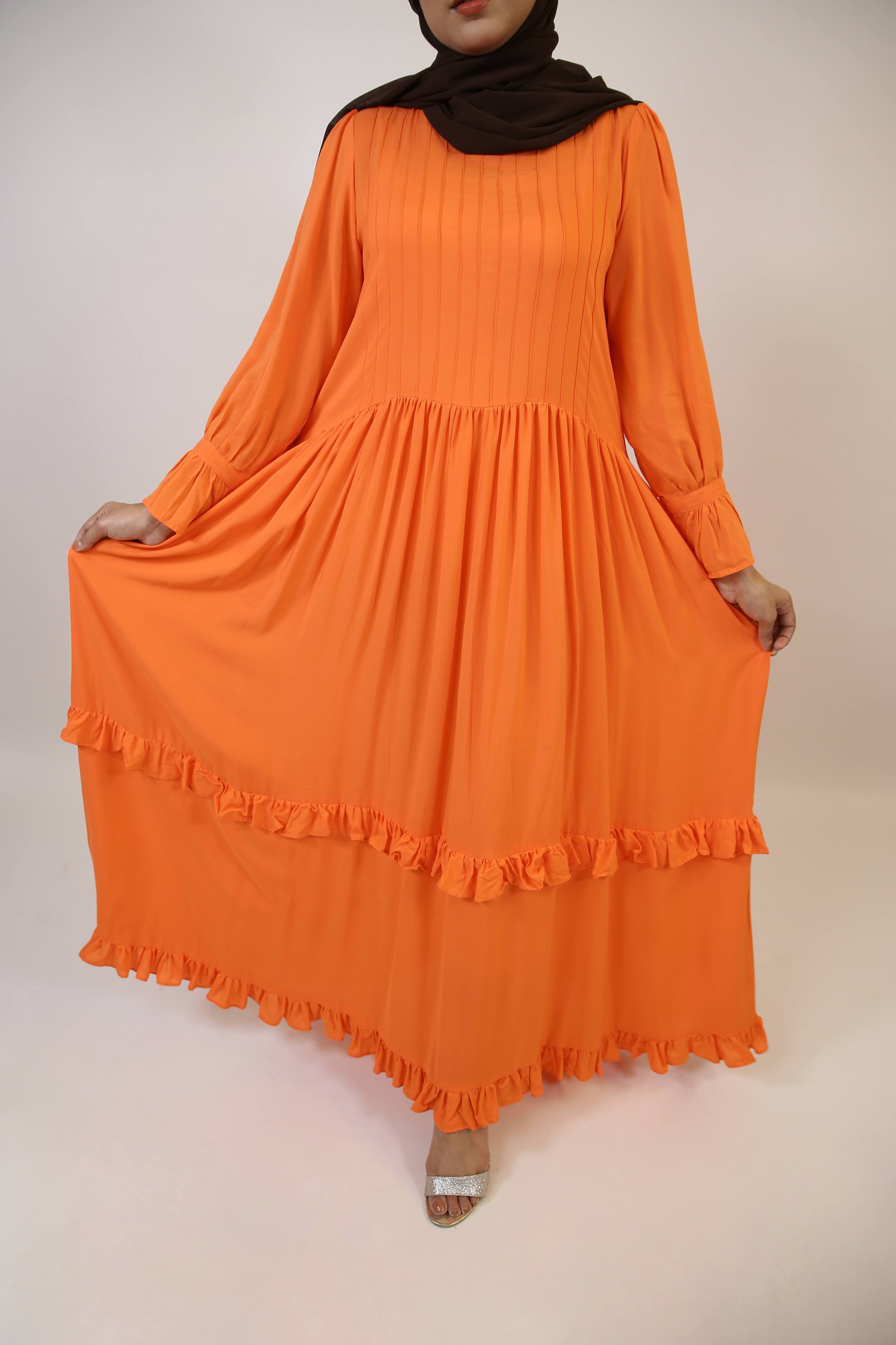 Samahah- Graceful Linen maxi dress with pintuck pleats and ruffled hem-Pumpkin Orange
