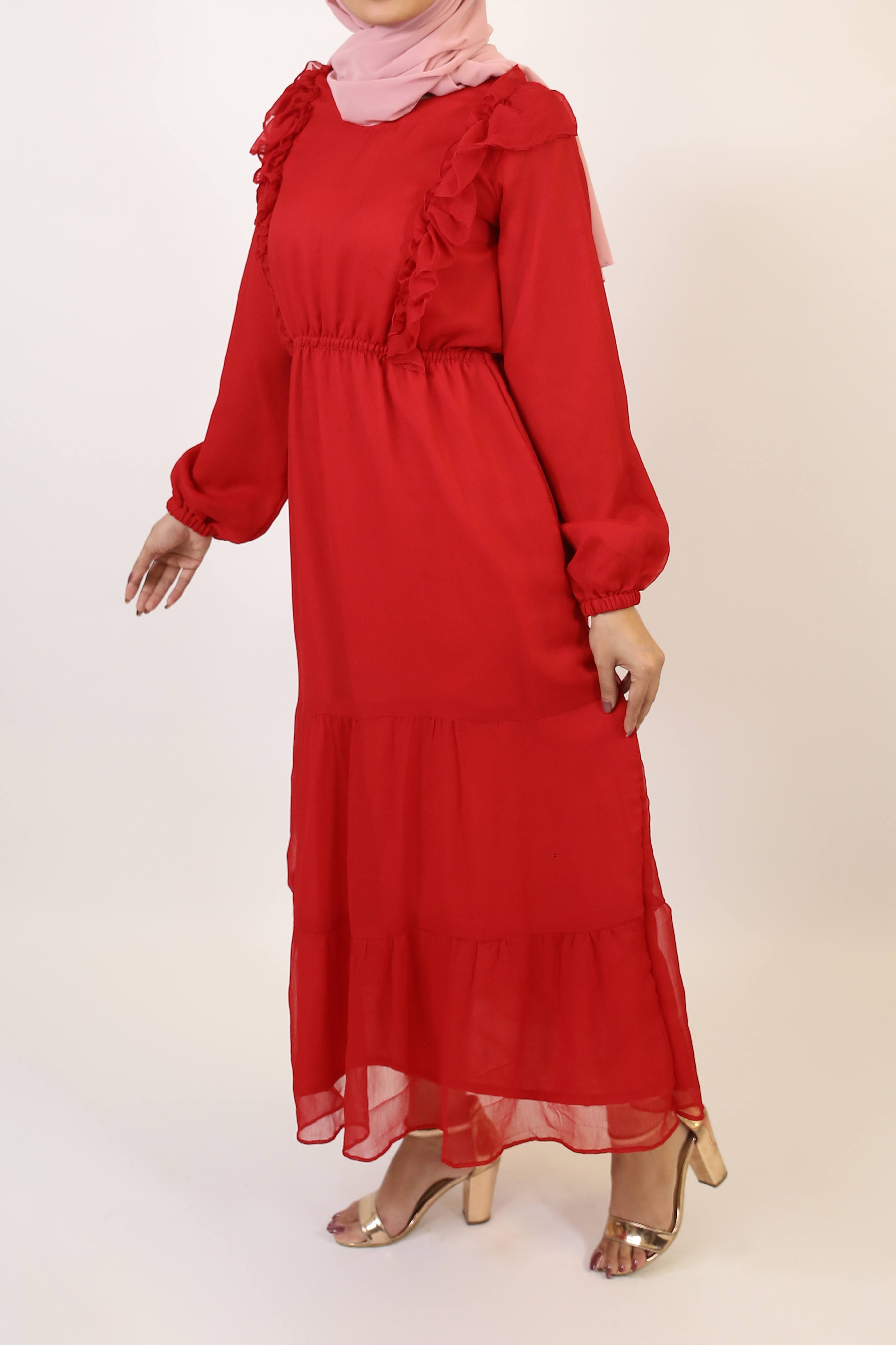 Ameeq- Ethereal Chiffon fully lined maxi dress with ruffled detailing and puffed sleeves- Cherry Red