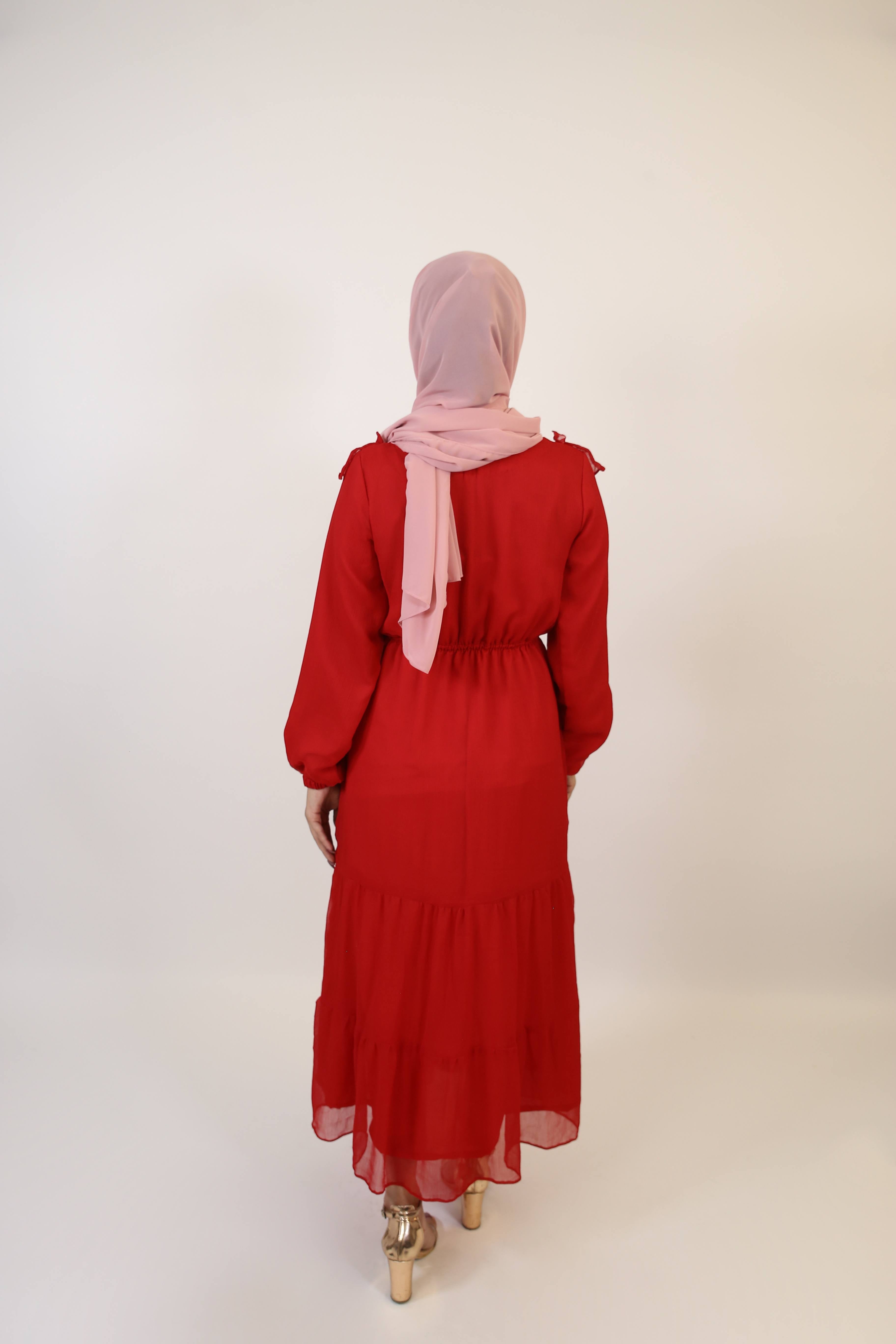 Ameeq- Ethereal Chiffon fully lined maxi dress with ruffled detailing and puffed sleeves- Cherry Red