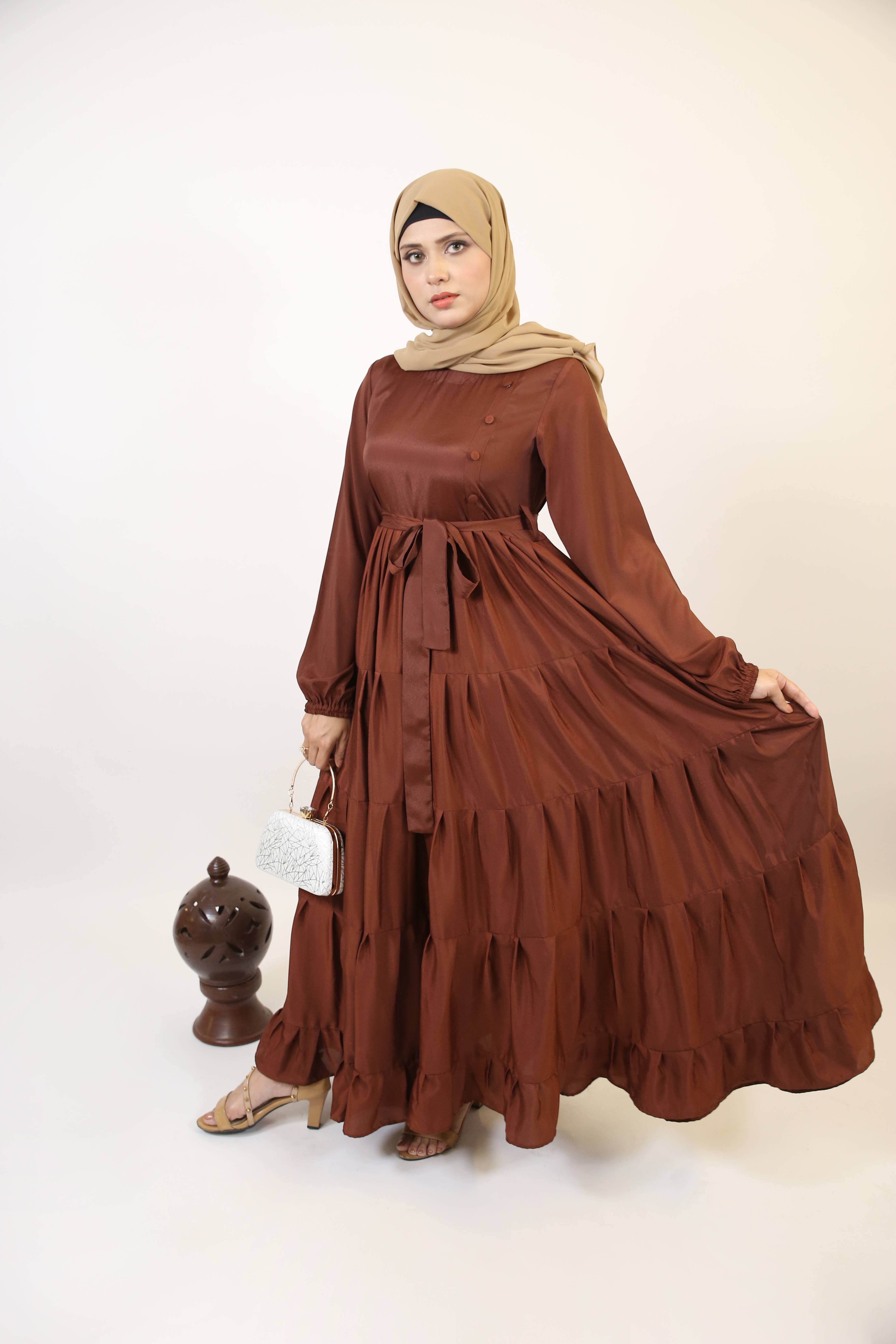 Halim- Dreamy no sheer maxi dress with ruffled tiered frock style- Rust brown