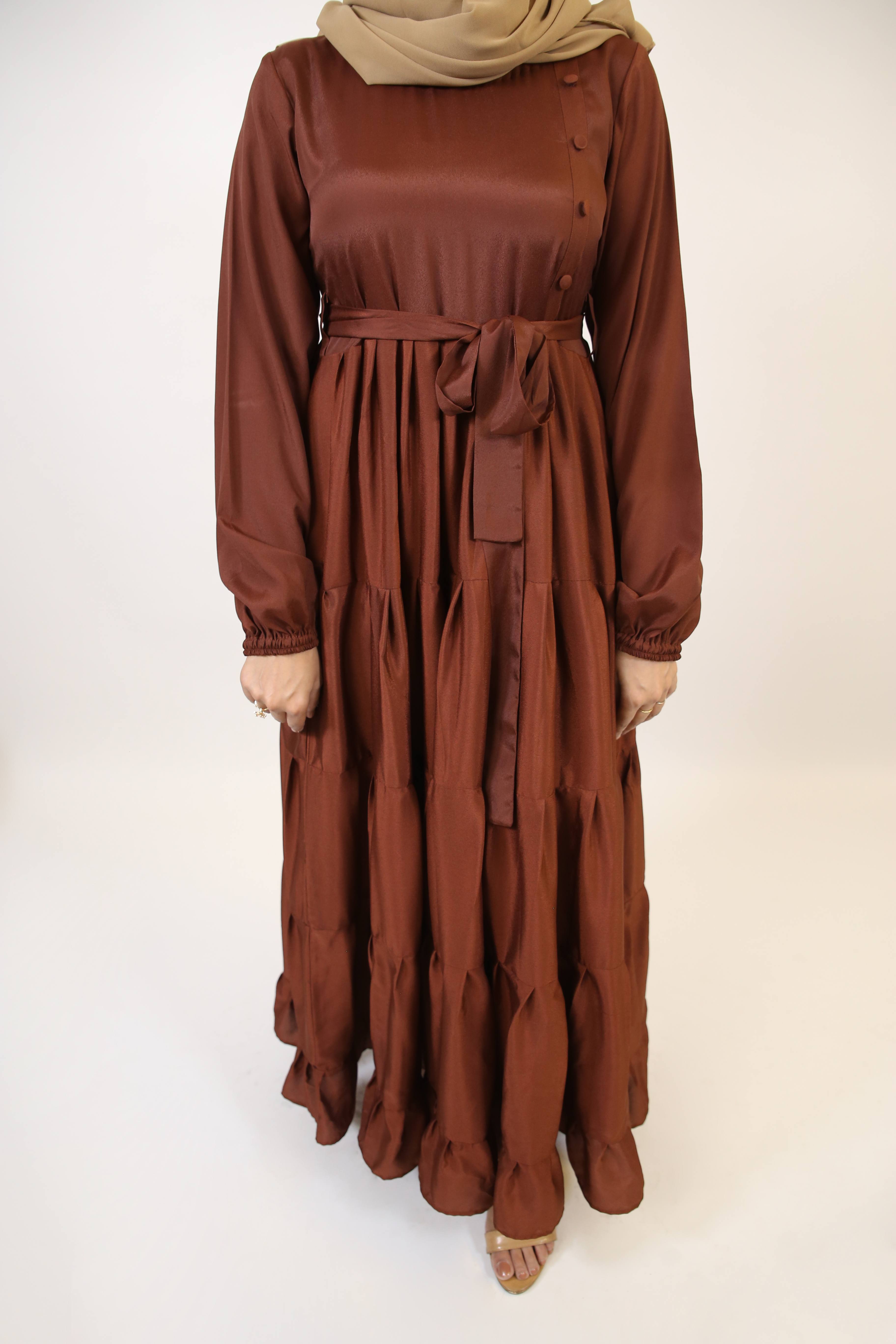 Halim- Dreamy no sheer maxi dress with ruffled tiered frock style- Rust brown