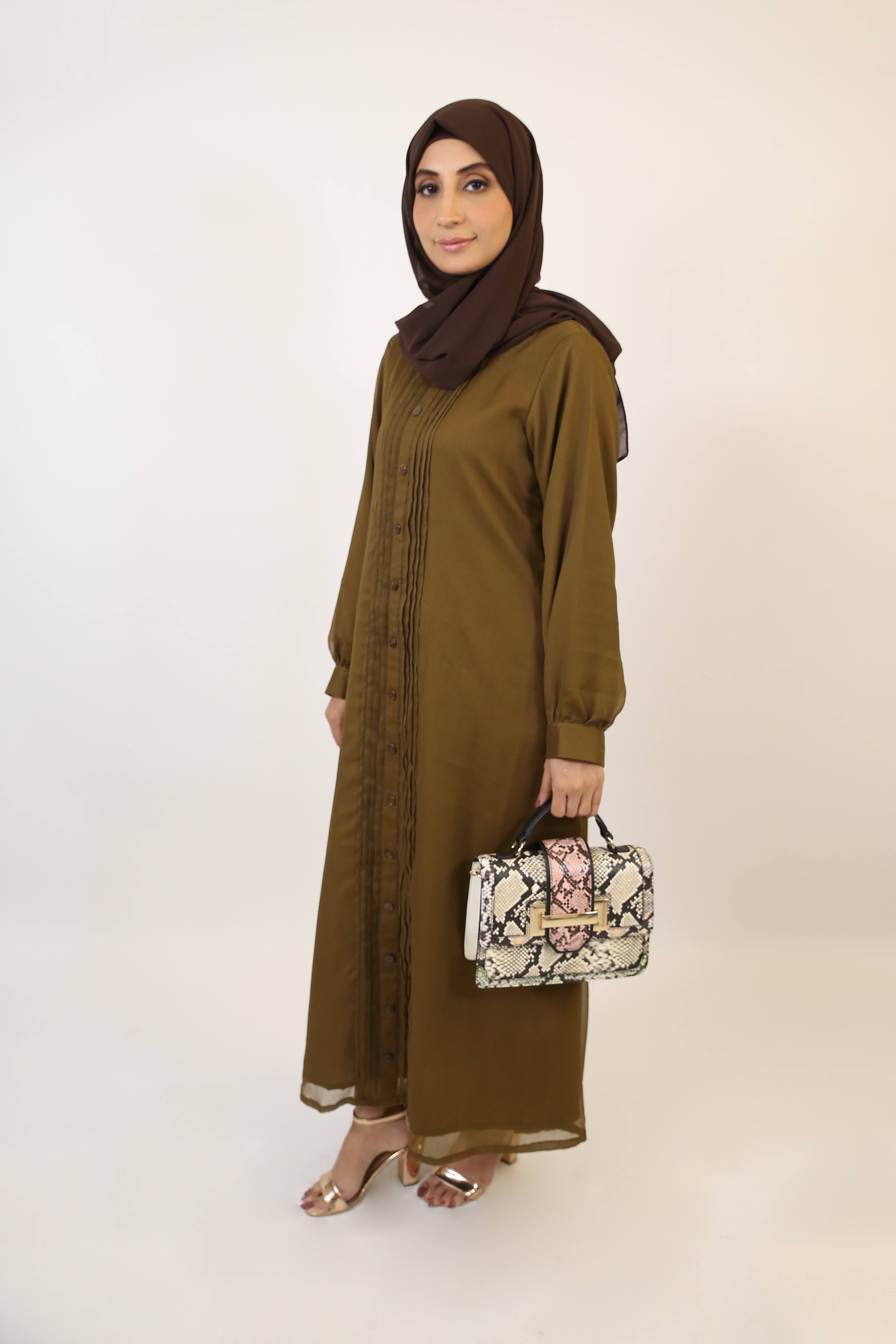 Hana- Elegant Chiffon fully lined pleated button down dress- Khaki Green