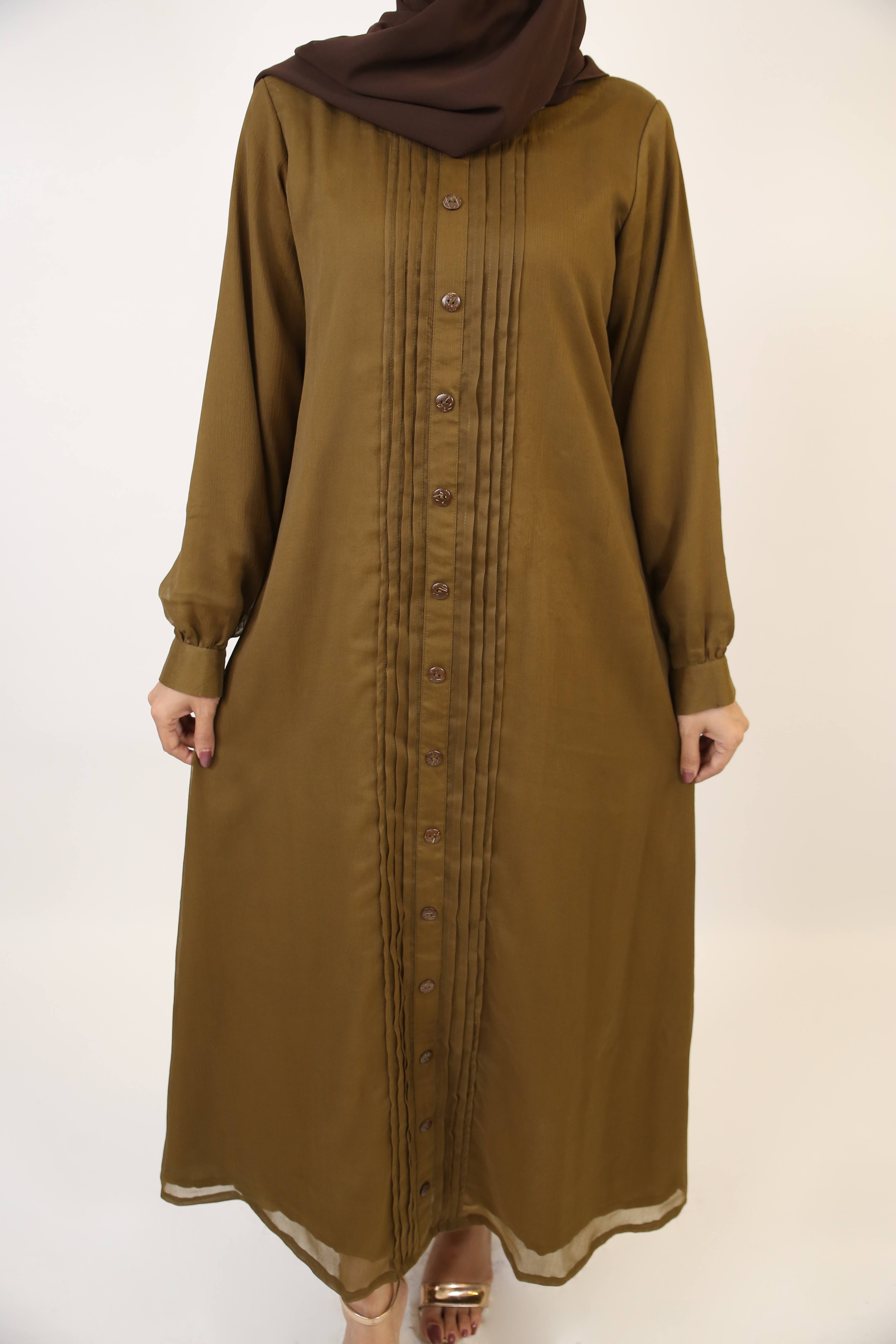 Hana- Elegant Chiffon fully lined pleated button down dress- Khaki Green