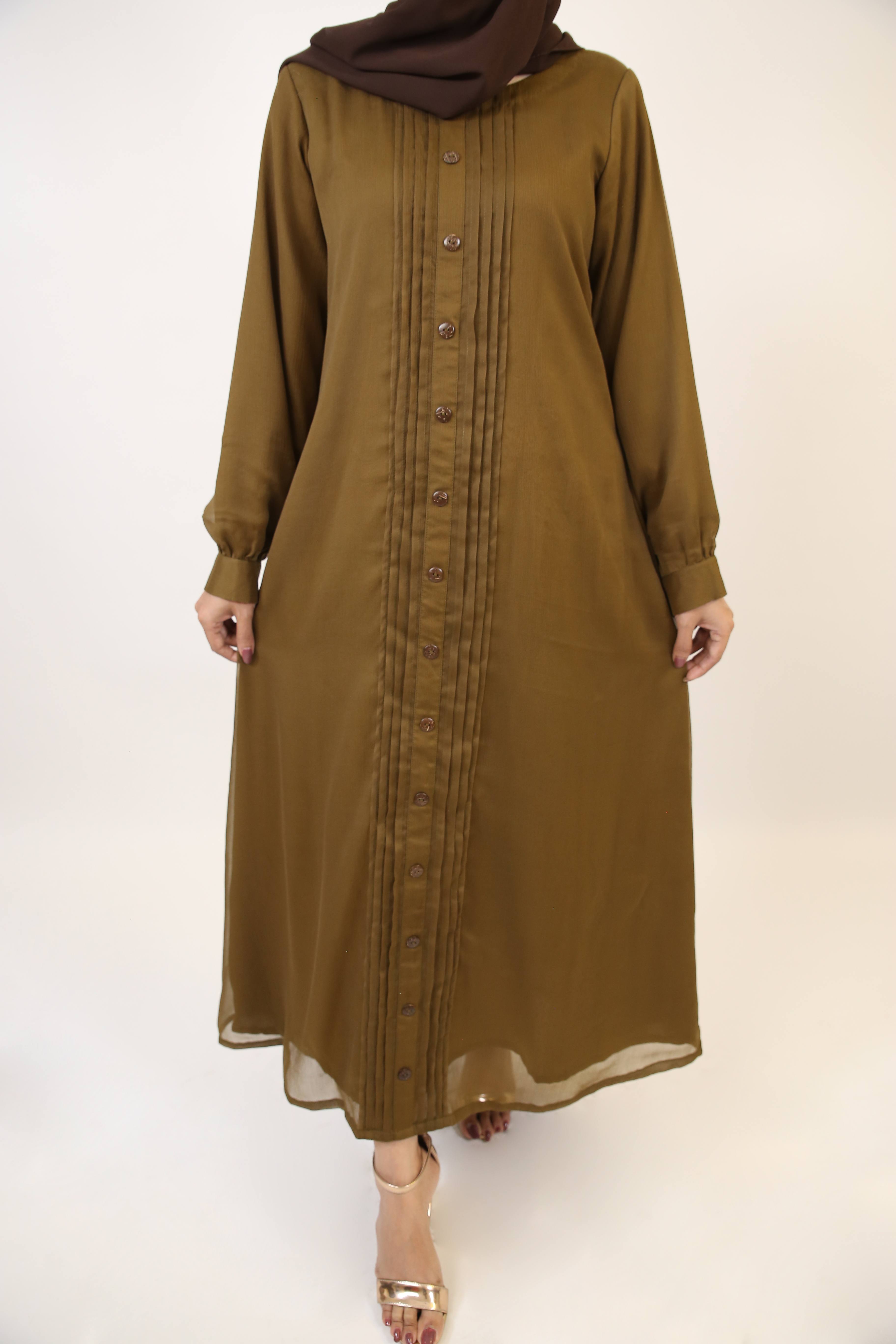 Hana- Elegant Chiffon fully lined pleated button down dress- Khaki Green