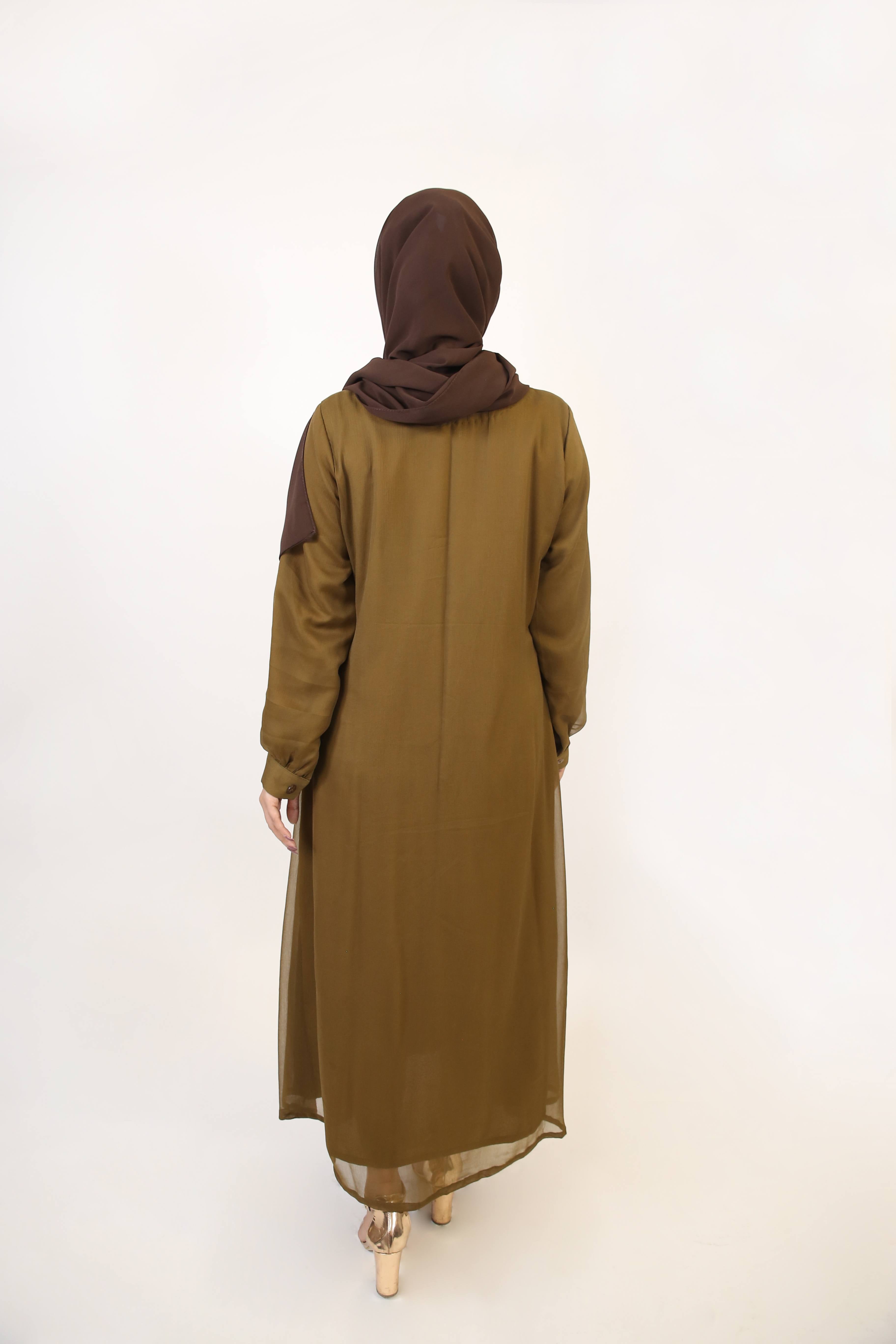 Hana- Elegant Chiffon fully lined pleated button down dress- Khaki Green