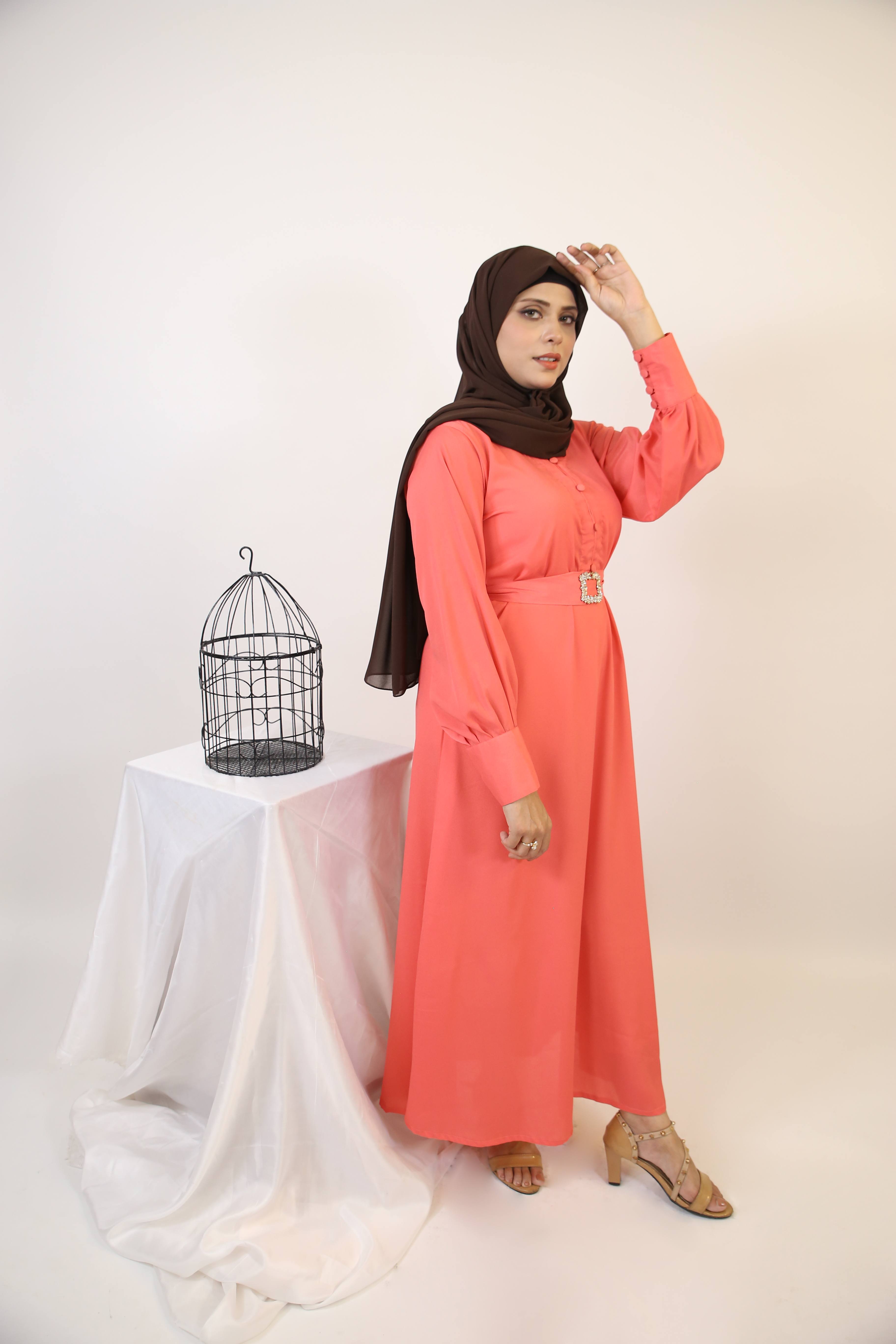 Mommy & Me ✨ Baqah- Enchanting maxi dress with belt embellishment and cuffed sleeves- Apricot pink