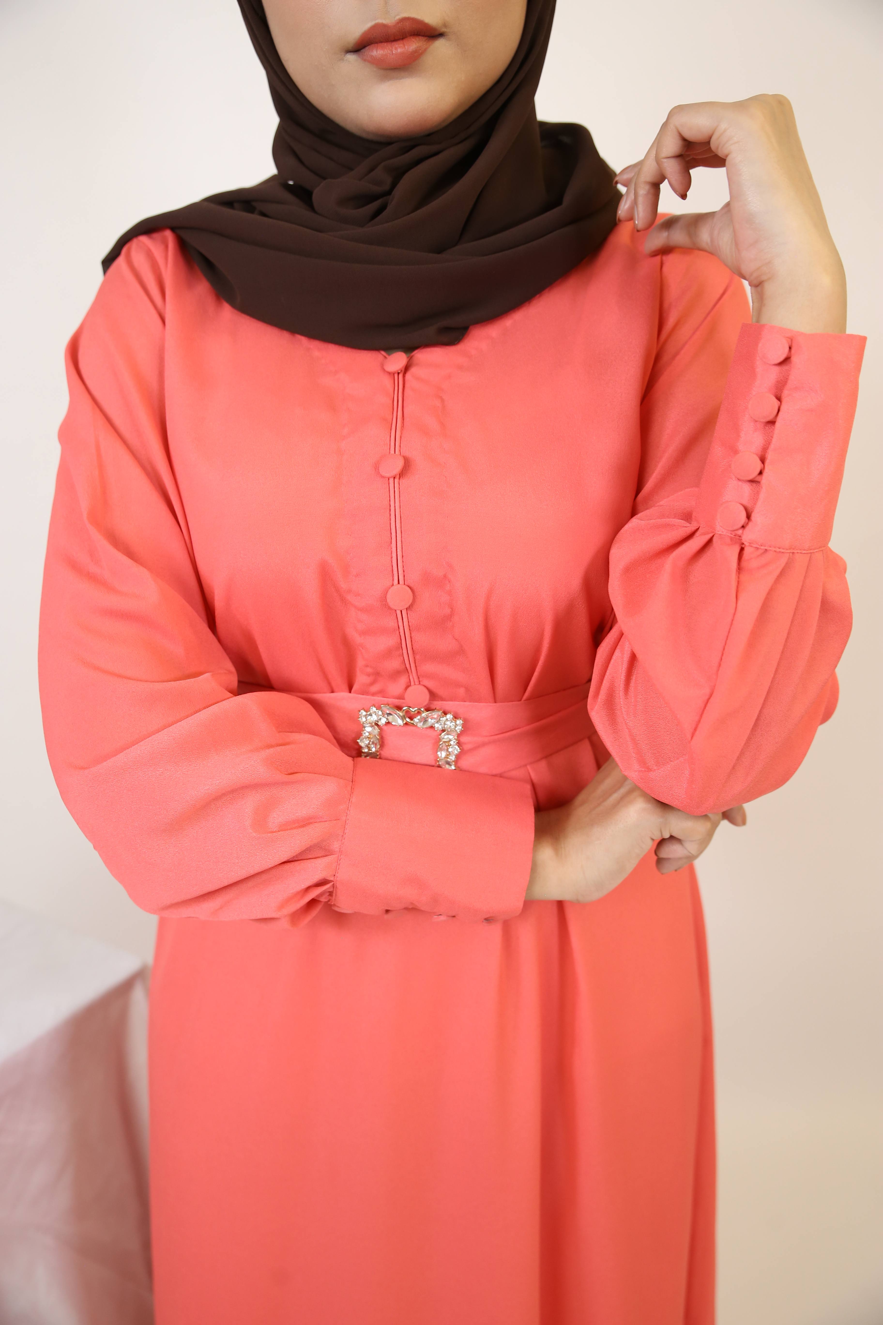 Baqah- Enchanting maxi dress with belt embellishment and cuffed sleeves- Apricot pink