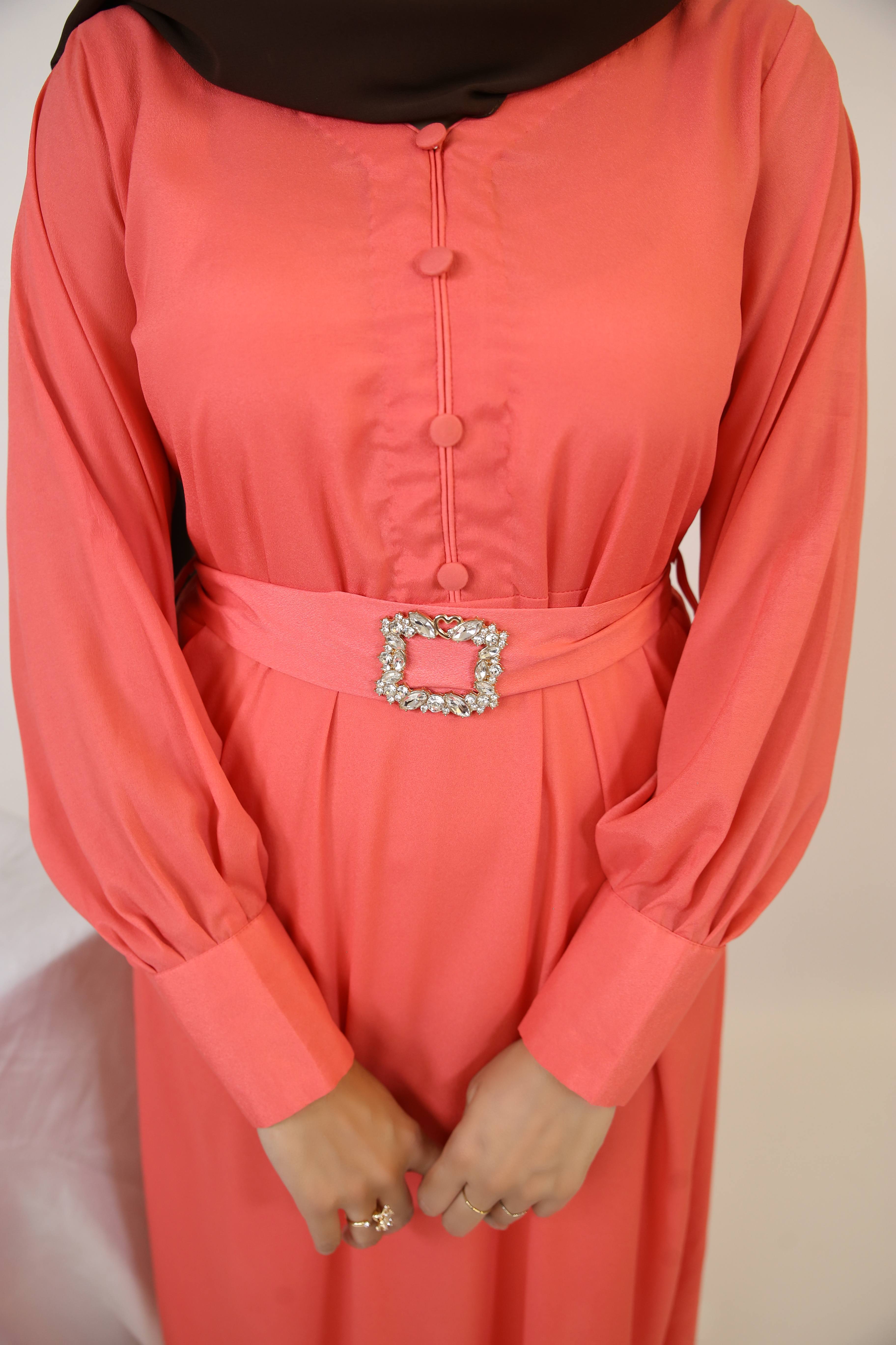 Baqah- Enchanting maxi dress with belt embellishment and cuffed sleeves- Apricot pink