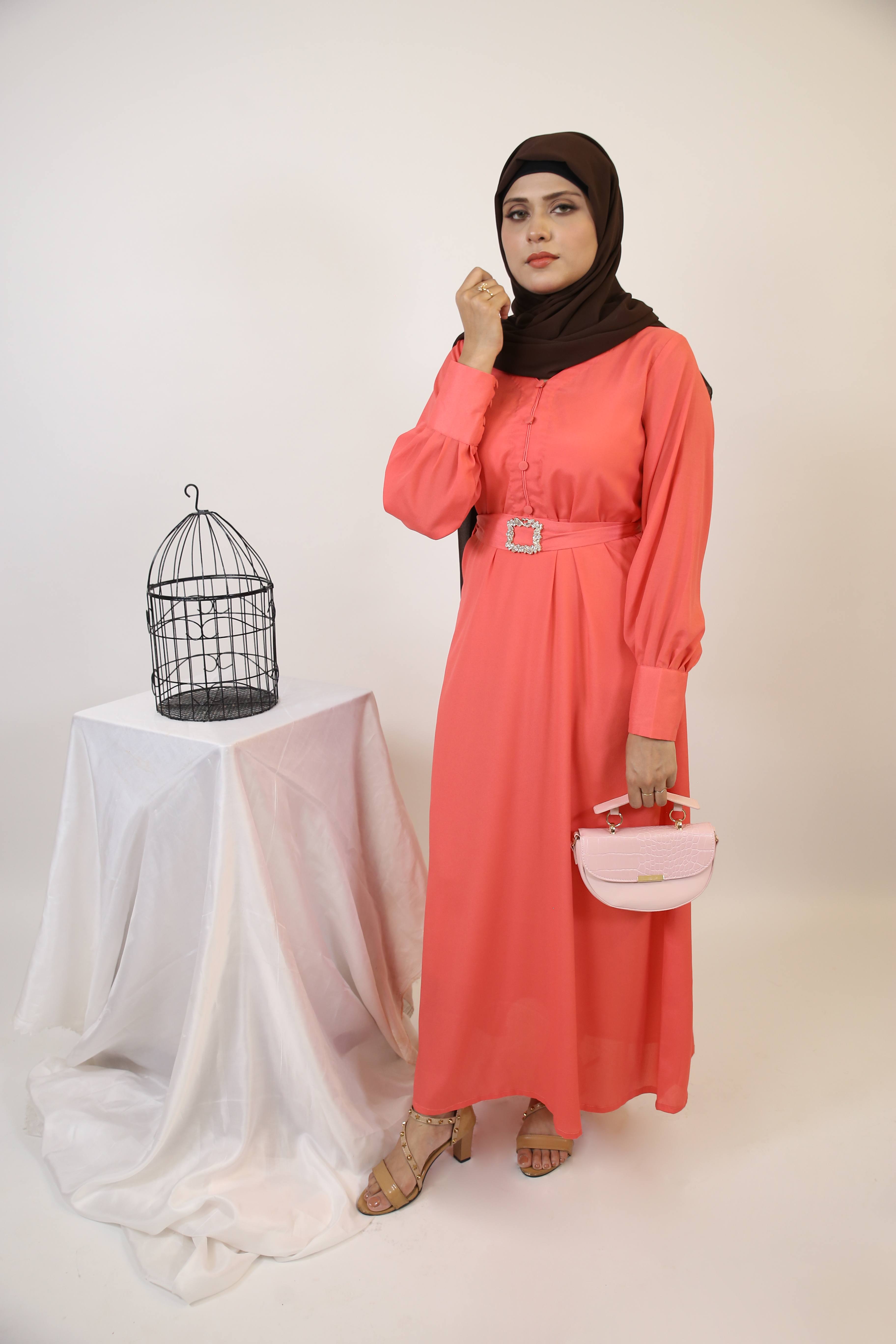 Baqah- Enchanting maxi dress with belt embellishment and cuffed sleeves- Apricot pink