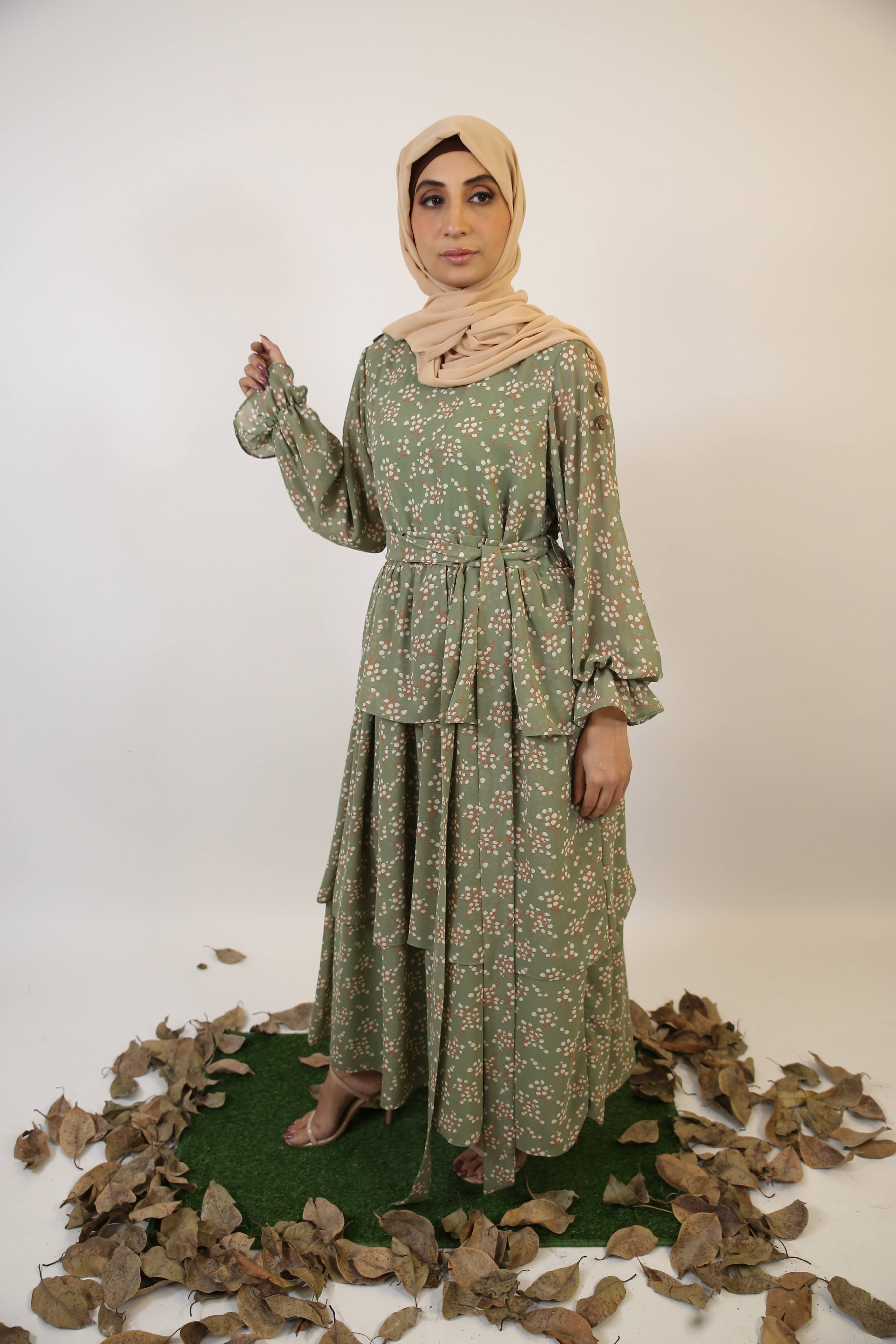 Taftah- Timeless Chiffon lined green floral printed maxi dress with tiered ruffle and balloon sleeves with matching belt