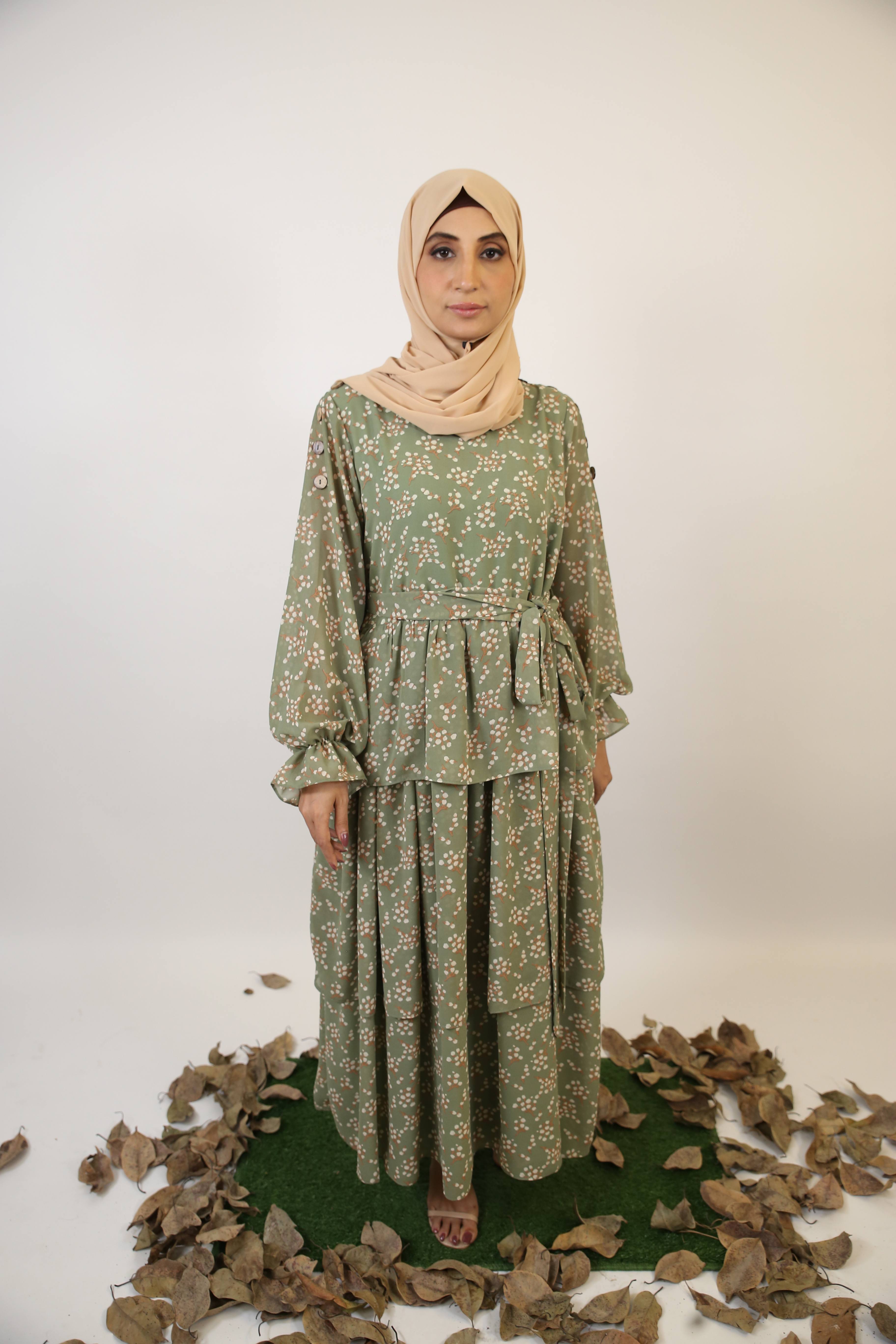 Taftah- Timeless Chiffon lined green floral printed maxi dress with tiered ruffle and balloon sleeves with matching belt