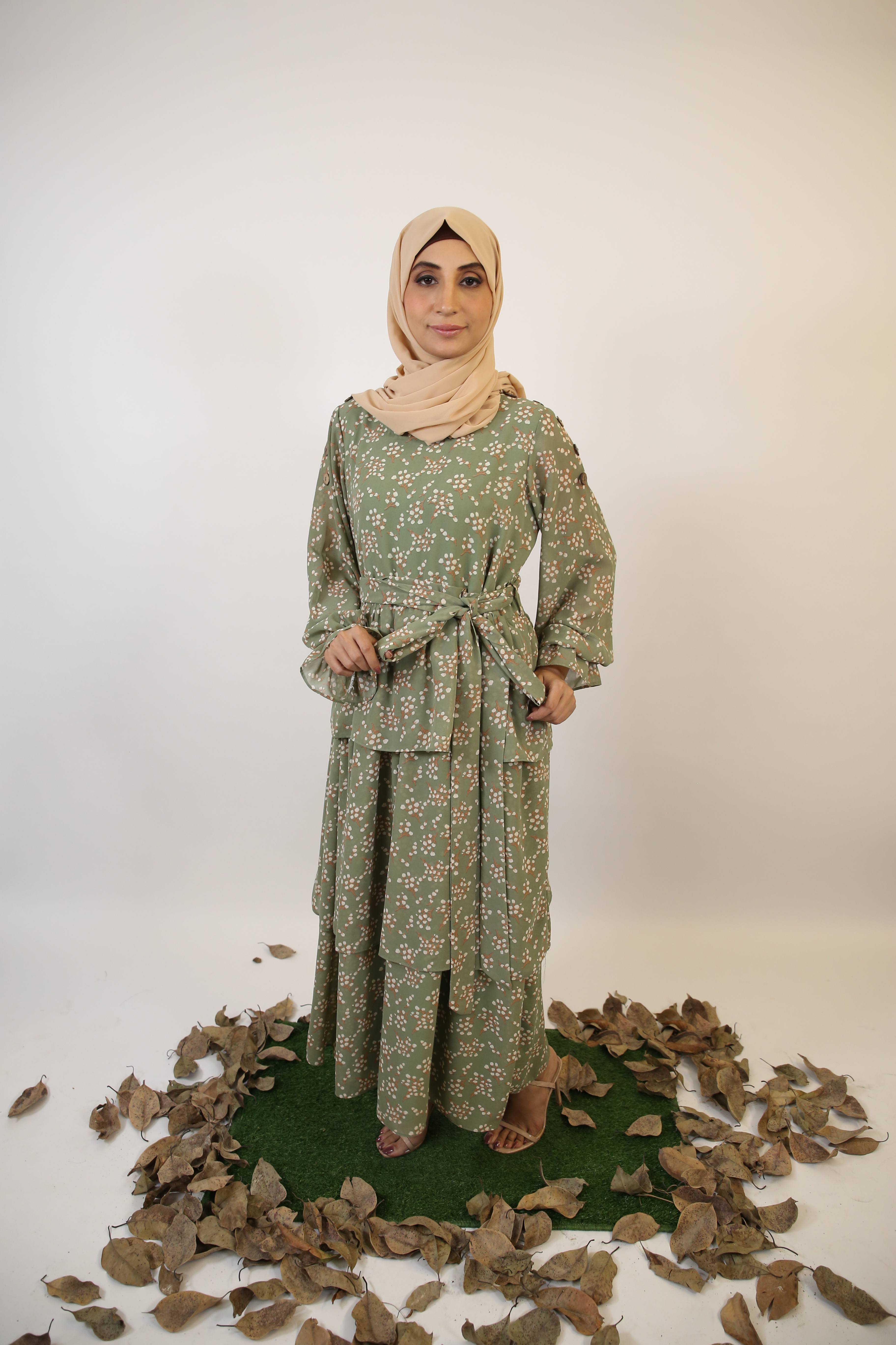 Taftah- Timeless Chiffon lined green floral printed maxi dress with tiered ruffle and balloon sleeves with matching belt