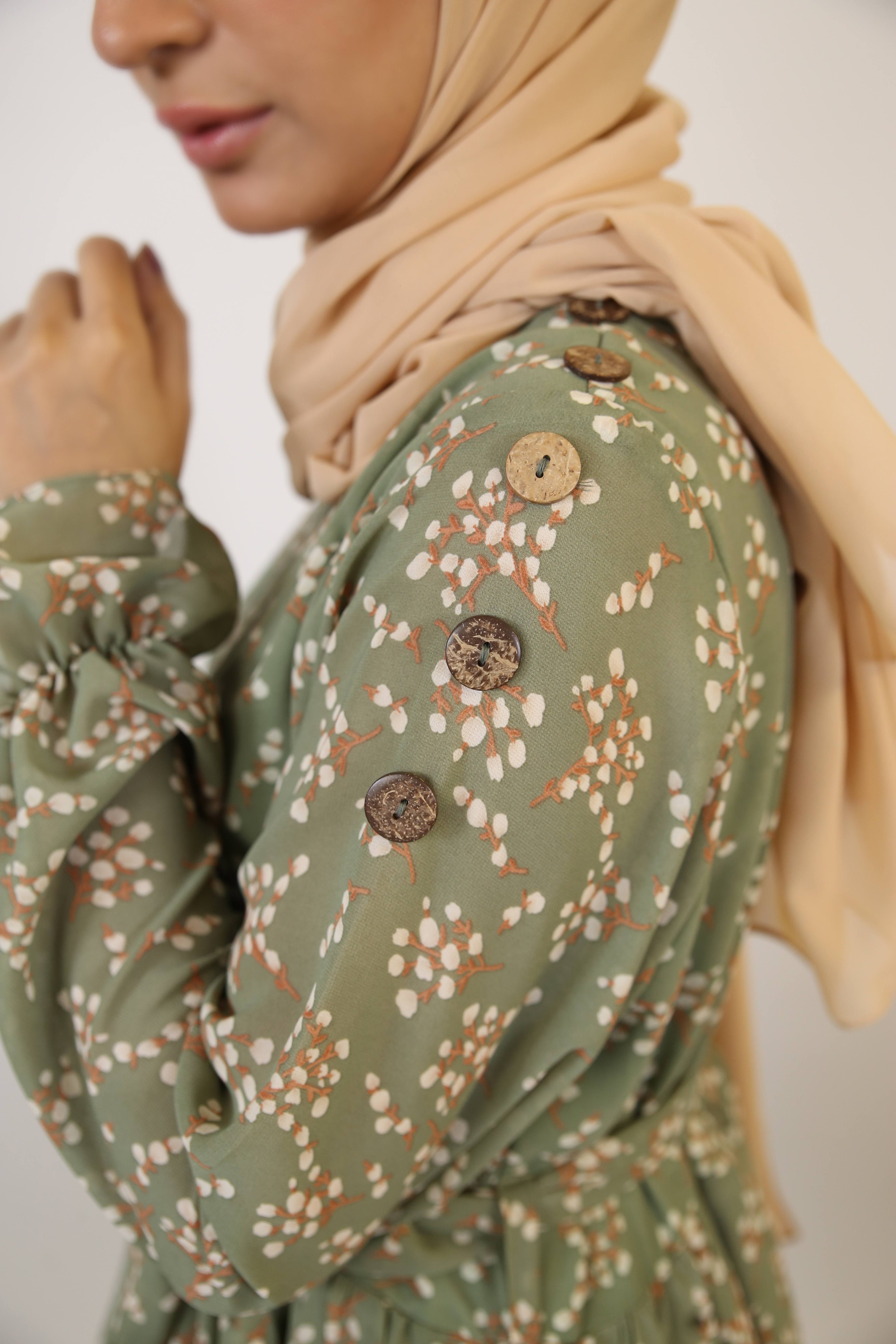 Taftah- Timeless Chiffon lined green floral printed maxi dress with tiered ruffle and balloon sleeves with matching belt