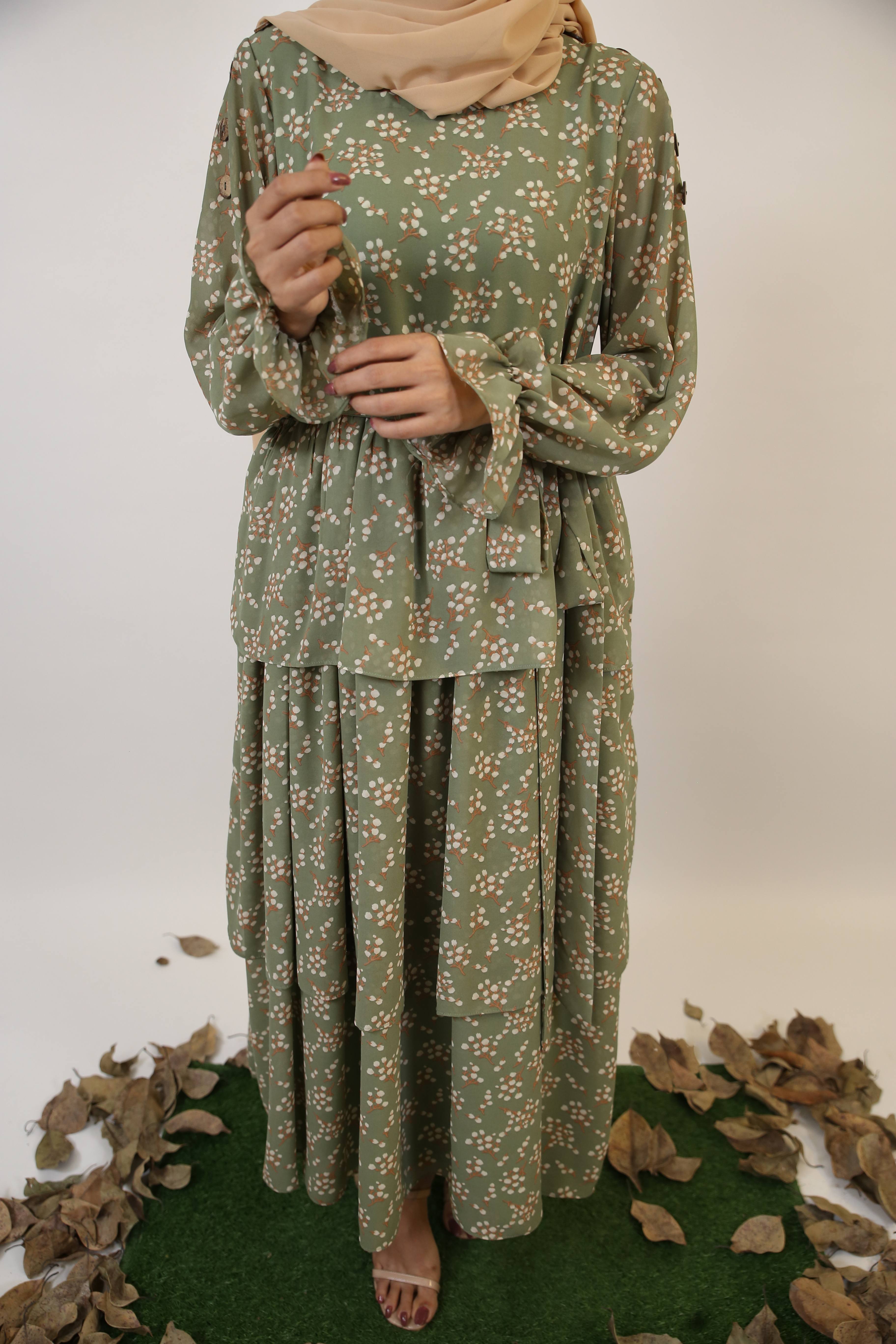 Taftah- Timeless Chiffon lined green floral printed maxi dress with tiered ruffle and balloon sleeves with matching belt