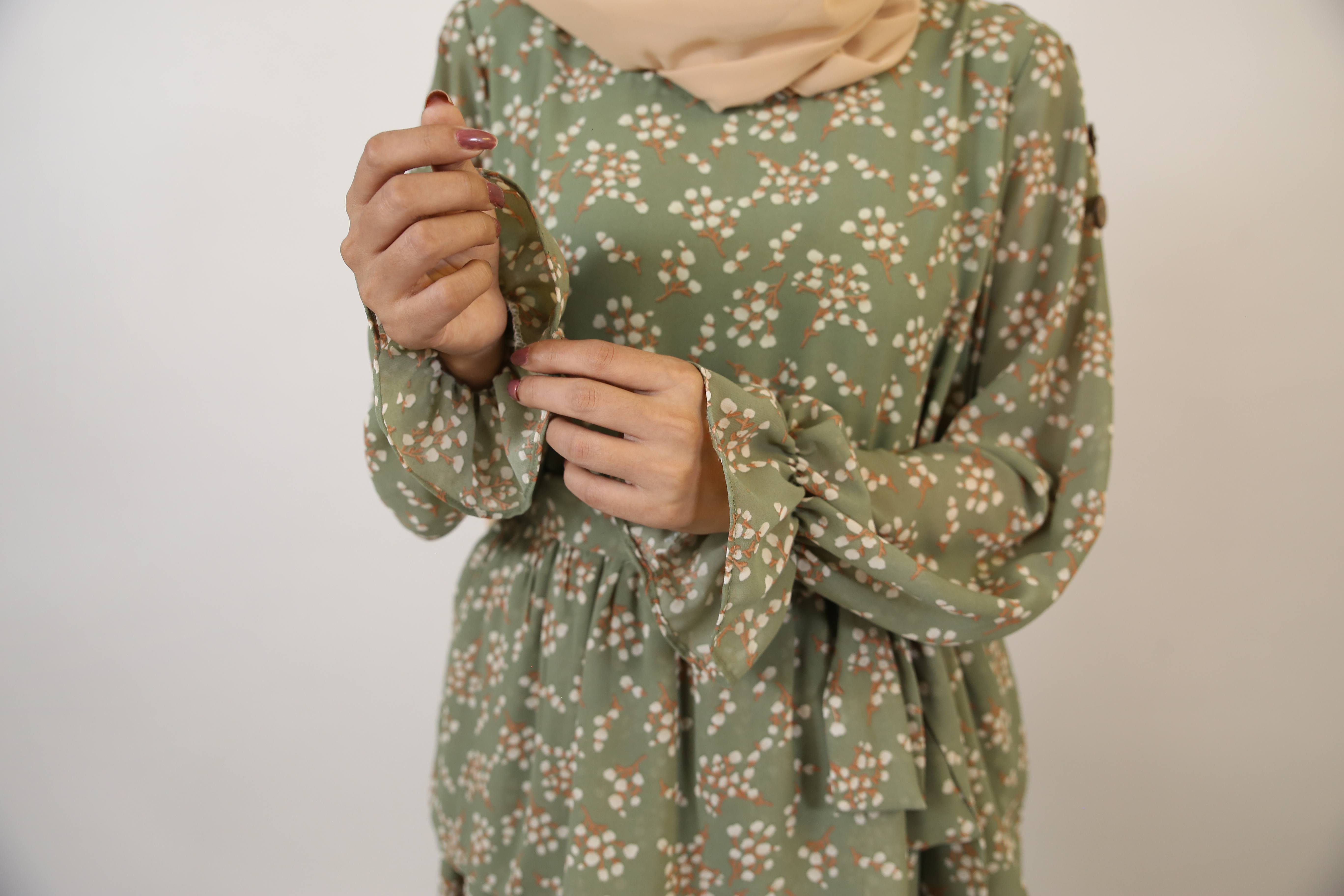 Taftah- Timeless Chiffon lined green floral printed maxi dress with tiered ruffle and balloon sleeves with matching belt