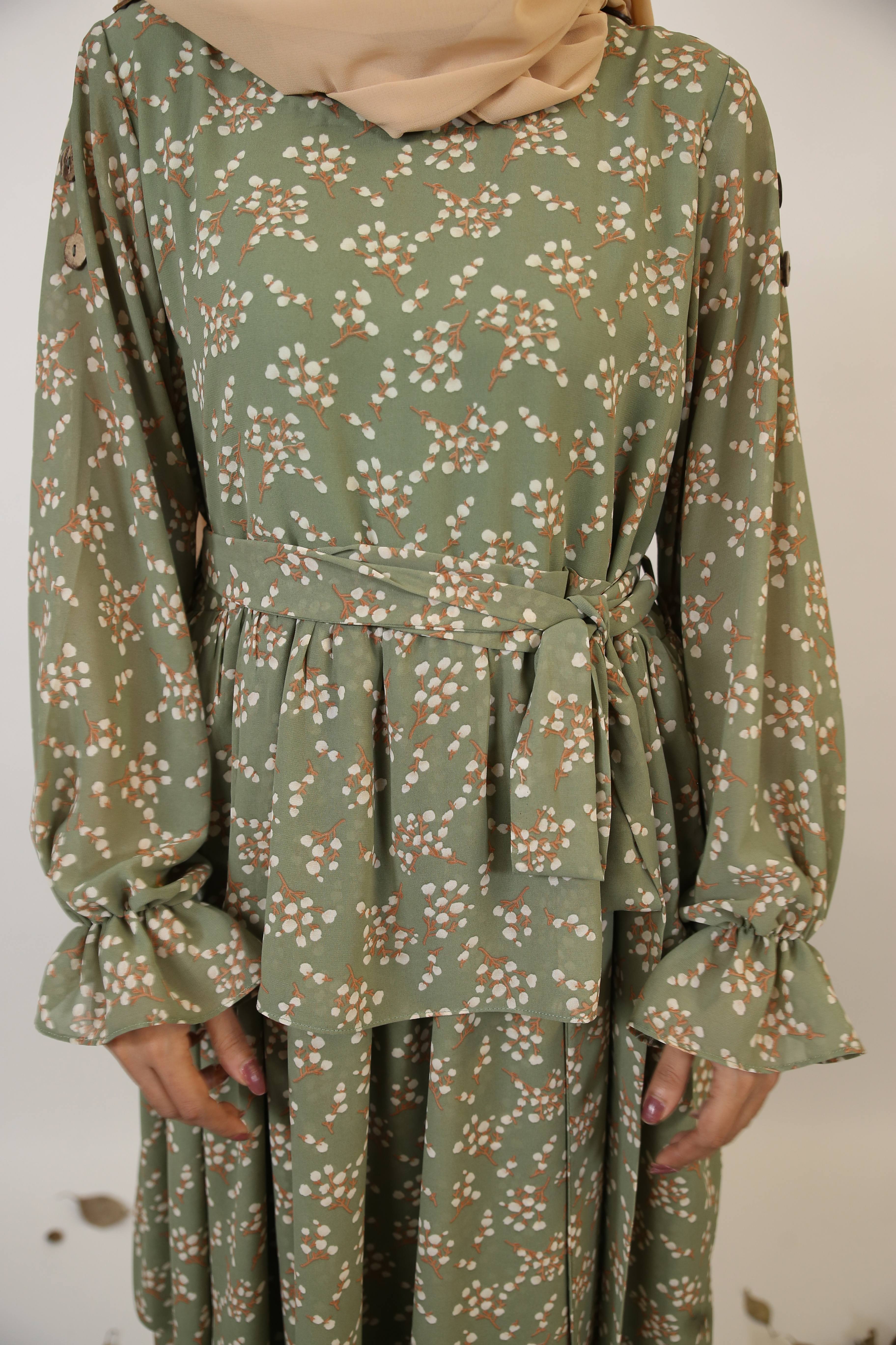 Taftah- Timeless Chiffon lined green floral printed maxi dress with tiered ruffle and balloon sleeves with matching belt